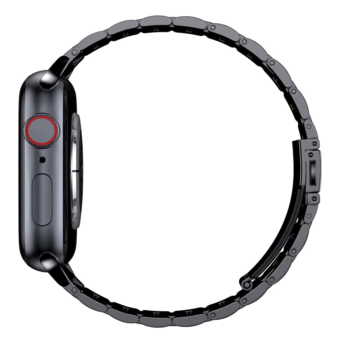 Seitenansicht einer schwarzen Apple Watch mit dem arktisband Apple Watch Gliederarmband „Arctica“ von arktisband, ausgestattet mit Metallgliederarmband, digitaler Krone, seitlichem Knopf und Verschluss. Das Zifferblatt ist nicht sichtbar.