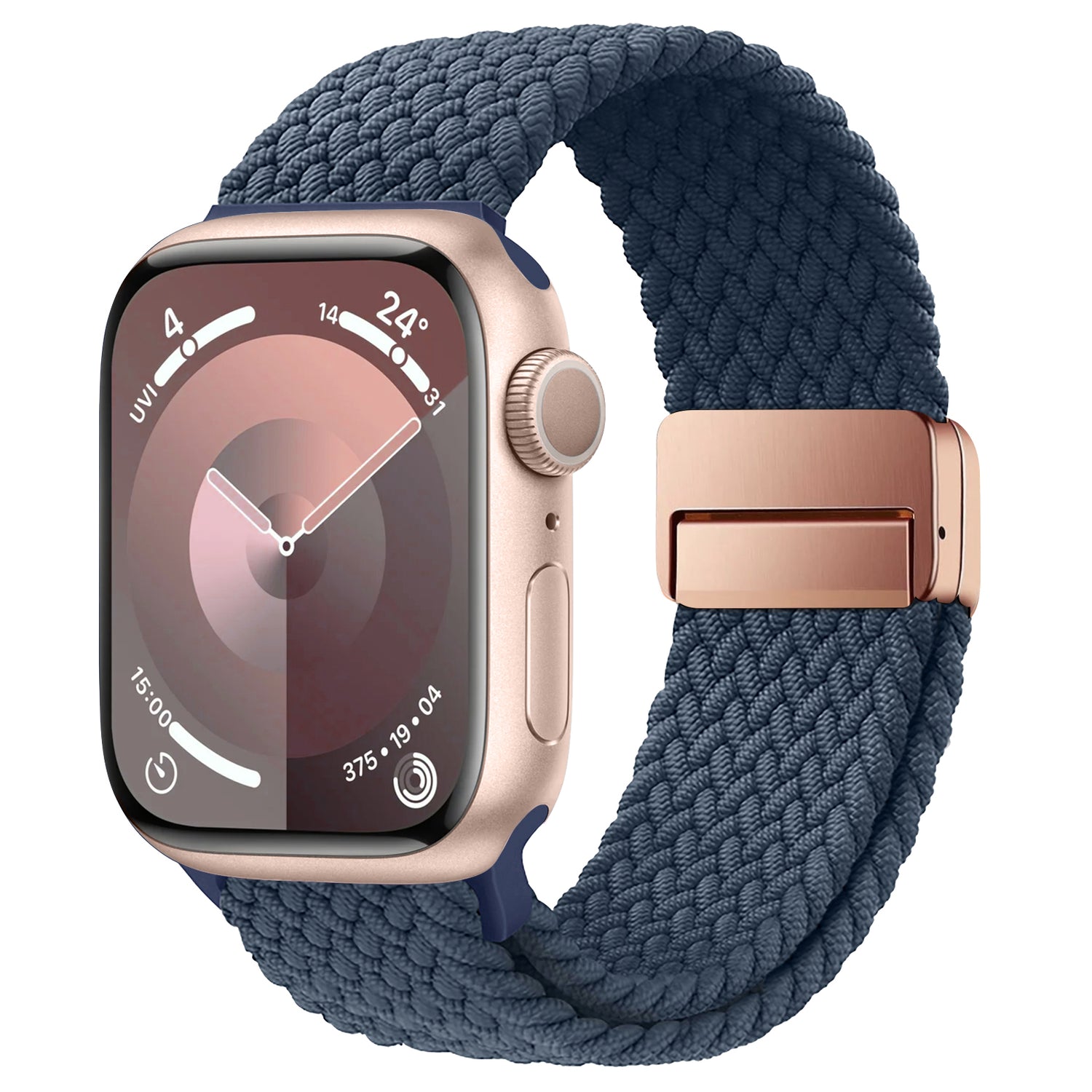 Eine goldene Apple Watch mit einem dunkelblauen Arktisband, einem geflochtenen Apple Watch Armband „Casual“ mit Magnetverschluss und einem kreisförmigen Display.
