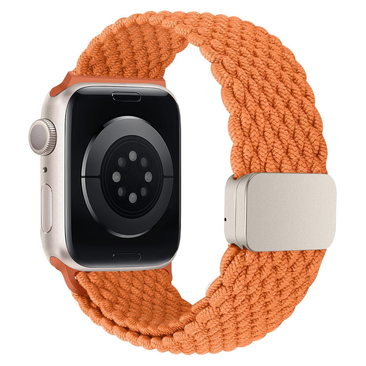 Das arktisband Geflochtene Apple Watch Armband „Casual“ mit Magnetverschluss in Orange passt perfekt zu Ihrer silbernen Apple Watch und verfügt über ein stilvolles geflochtenes Design und einen sicheren Magnetverschluss.