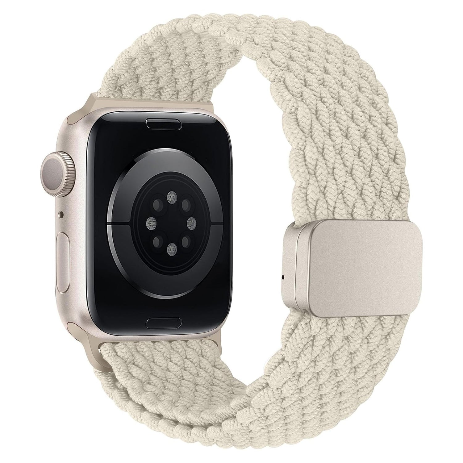 Eine Nahaufnahme des geflochtenen Apple Watch Armbands „Casual“ mit Magnetverschluss von Arktisband, das seine beige geflochtene Soloschlaufe aus Polyester und die detaillierte Rückseite des Zifferblatts zeigt.