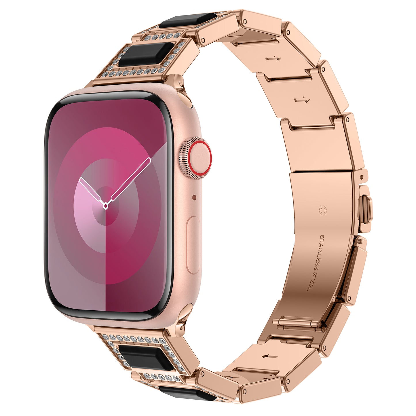 Das arktisband Apple Watch Gliederarmband „Senorita“ ist ein roségoldenes Smartwatch-Armband mit schwarzen Segmenten und funkelnden Strasssteinen, das für die Kompatibilität mit der Apple Watch entwickelt wurde und über ein stilvolles quadratisches Display mit digitaler Krone verfügt.