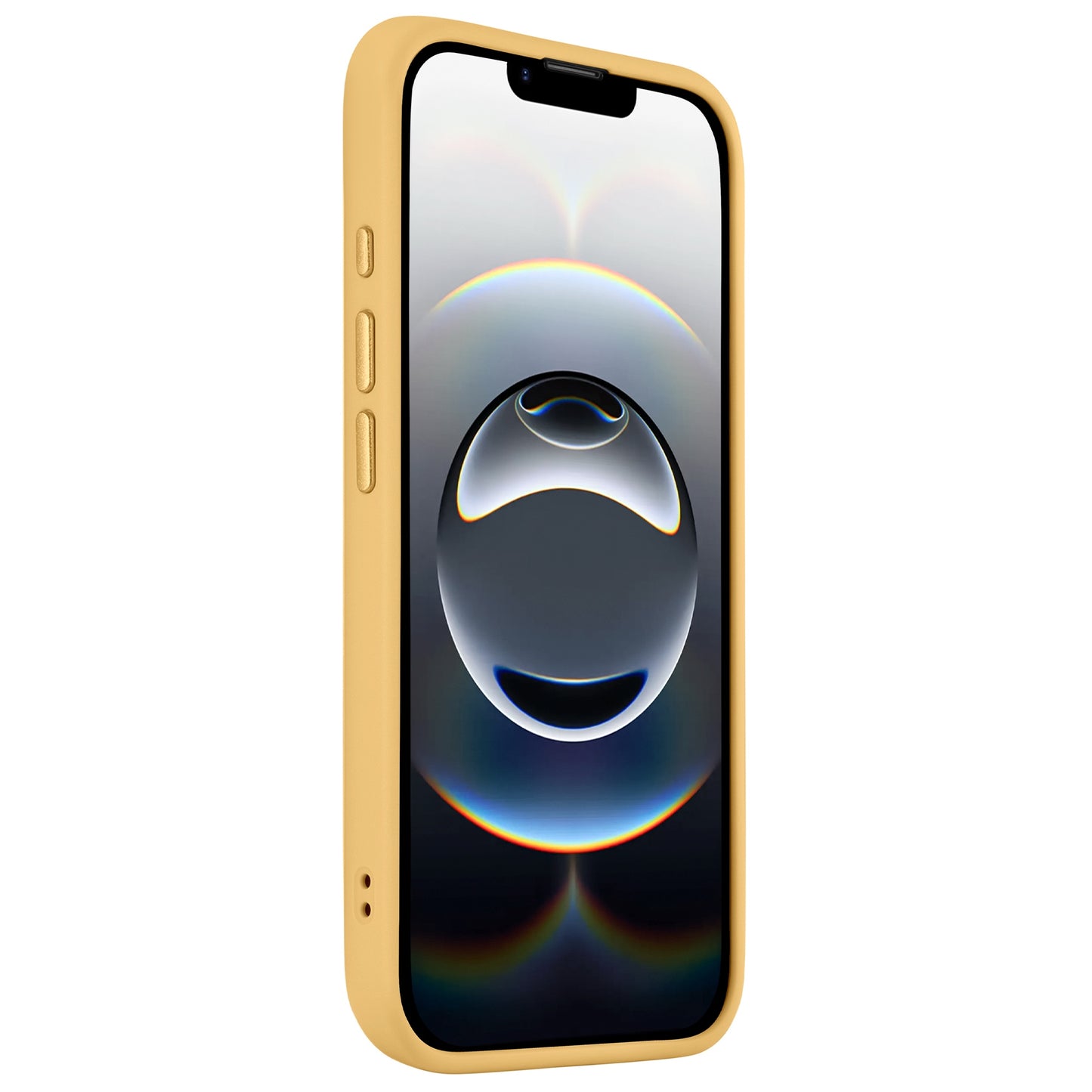 Das Arktis iPhone 16e Solid Case mit MagSafe von Arktis zeigt ein gelbes, mattes Finish auf einem iPhone, dessen Bildschirm ein futuristisches Bubble-Design vor einem dunklen Hintergrund zeigt.