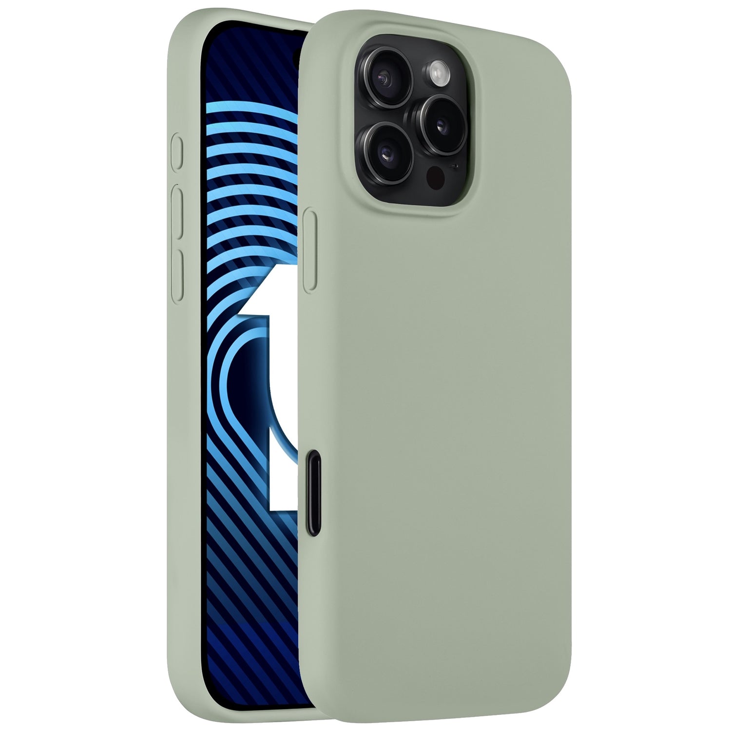 Das arktis iPhone 16 Pro Max Silikon Case von Arktis in Salbeigrün ist auf einem iPhone 16 Pro Max abgebildet und hebt sowohl das Display als auch die Rückkamera hervor.