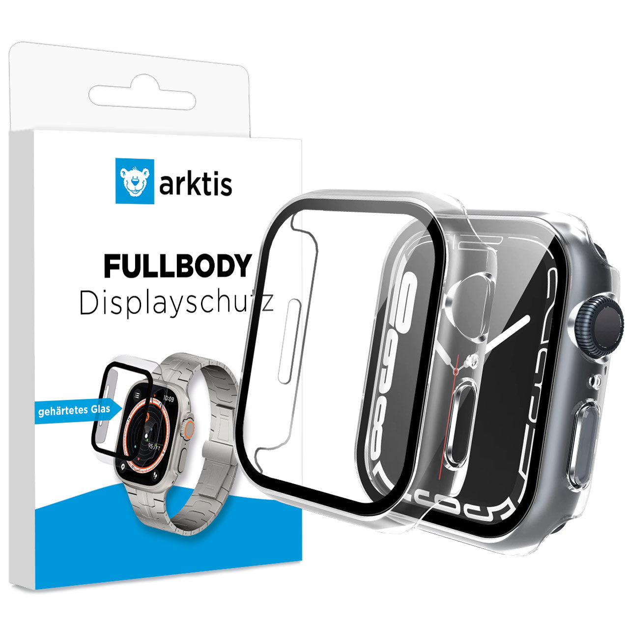Eine Einzelhandelsverpackung mit der Aufschrift Arktis arktis FULLBODY Hülle mit Displayschutz für Apple Watch, die eine Smartwatch und ein transparentes Gehäuse für umfassenden Schutz zeigt, neben einer Apple Watch mit teilweise installiertem Gehäuse.
