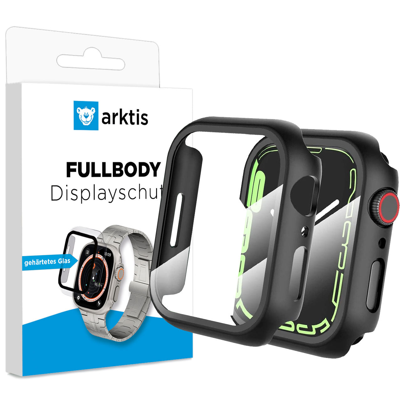 Eine Arktis arktis FULLBODY-Hülle mit Displayschutz für die Apple Watch, die neben einer Smartwatch abgebildet ist, verfügt über einen schwarzen Rahmen, einen klaren Displayschutz und eine oleophobe Oberflächenbehandlung für Rundumschutz der Apple Watch.