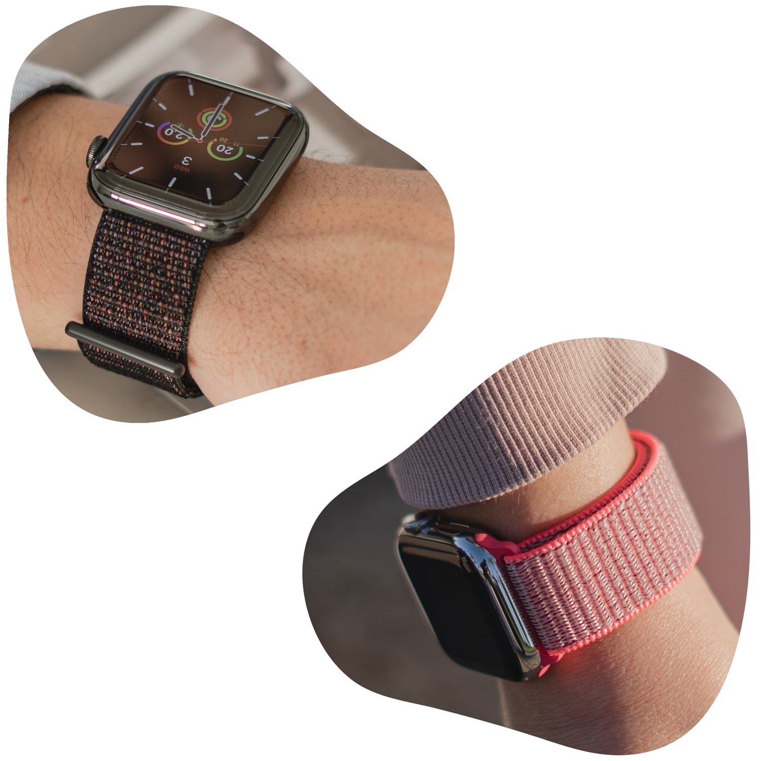 Zwei Smartwatches am Handgelenk, eine mit schwarzem Webband und eine mit rosa Webband.