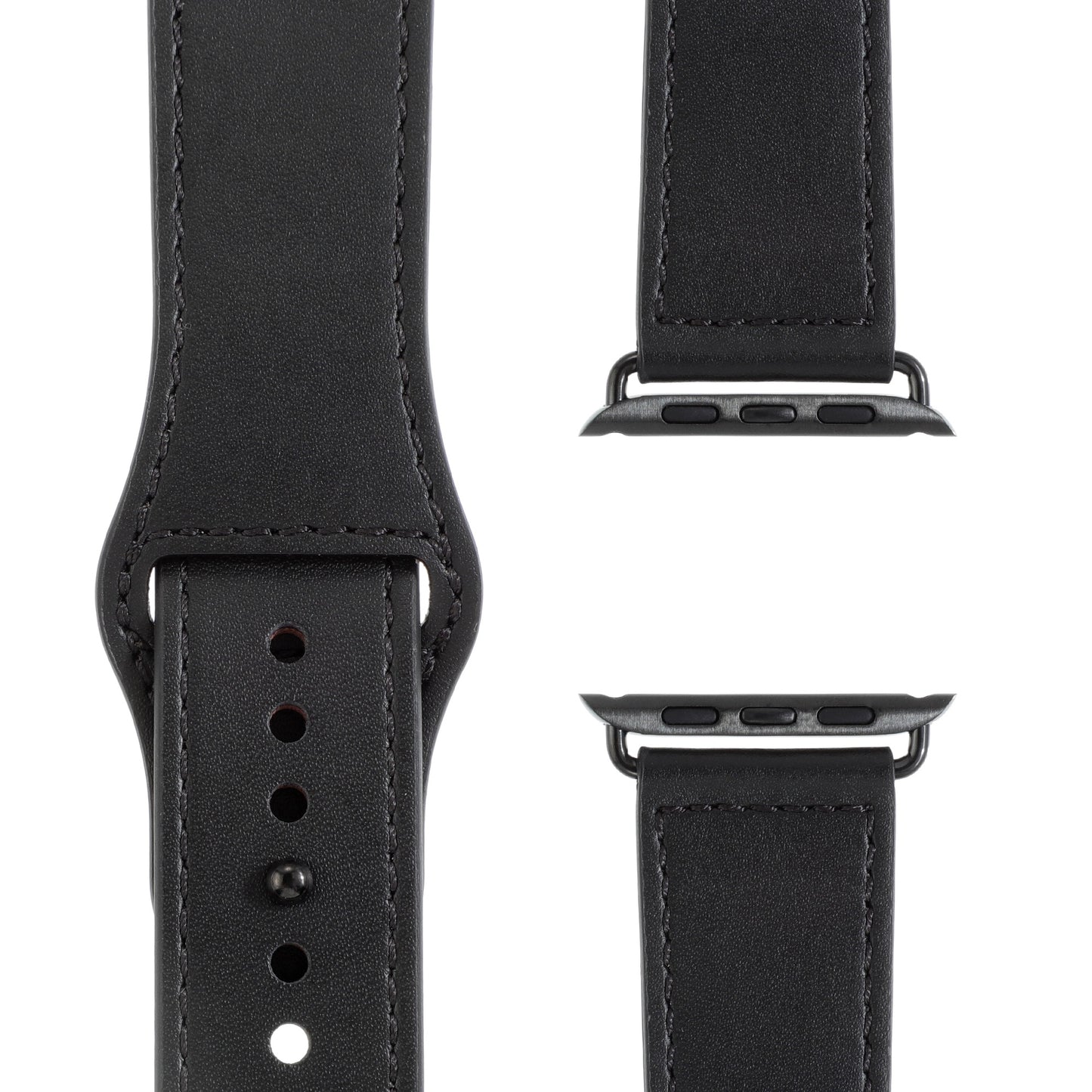 Das arktisband Apple Watch Lederarmband „Novus“ von arktisband wird in Schwarz gezeigt, ist zweiteilig mit sichtbaren Nähten, Metallverbindern, mehreren Einstelllöchern und einer glatten Lederstruktur für minimalistischen Stil und maximalen Komfort.