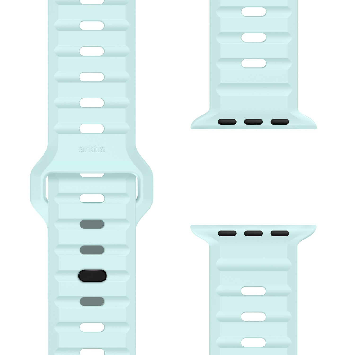 Das arktisband Apple Watch Silikonarmband "Active" in Hellblau präsentiert sich dreiteilig und hebt die Schnalle, die geriffelte Struktur und die Smartwatch-Anschlüsse hervor. Das mittlere Segment zeigt das arktisband-Logo und unterstreicht das atmungsaktive Design.