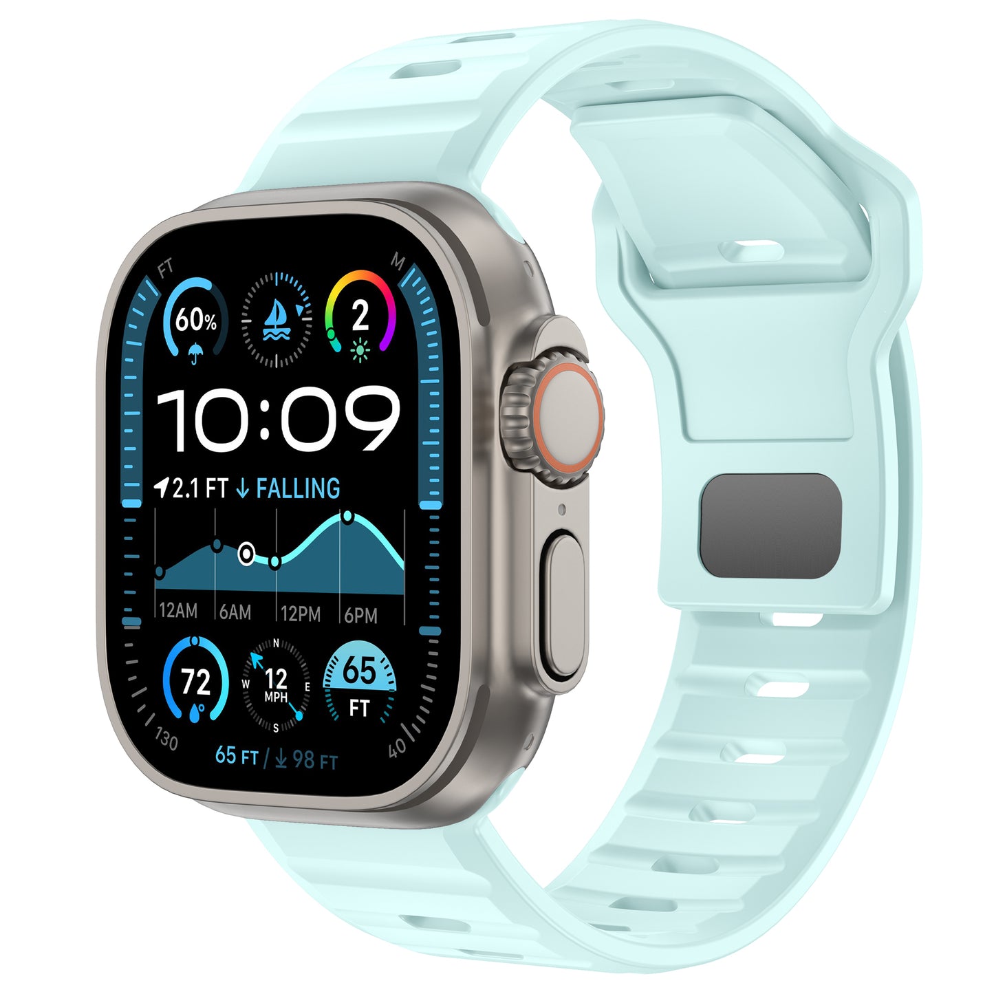 Das Arktisband Apple Watch Silikonarmband „Active“ in Hellblau wird auf einer intelligenten Apple Watch angezeigt und zeigt auf seinem Touchscreen eine farbenfrohe digitale Benutzeroberfläche mit Uhrzeit, Datum, Aktivitätsringen, Wetter und Atmungsaktivität an.