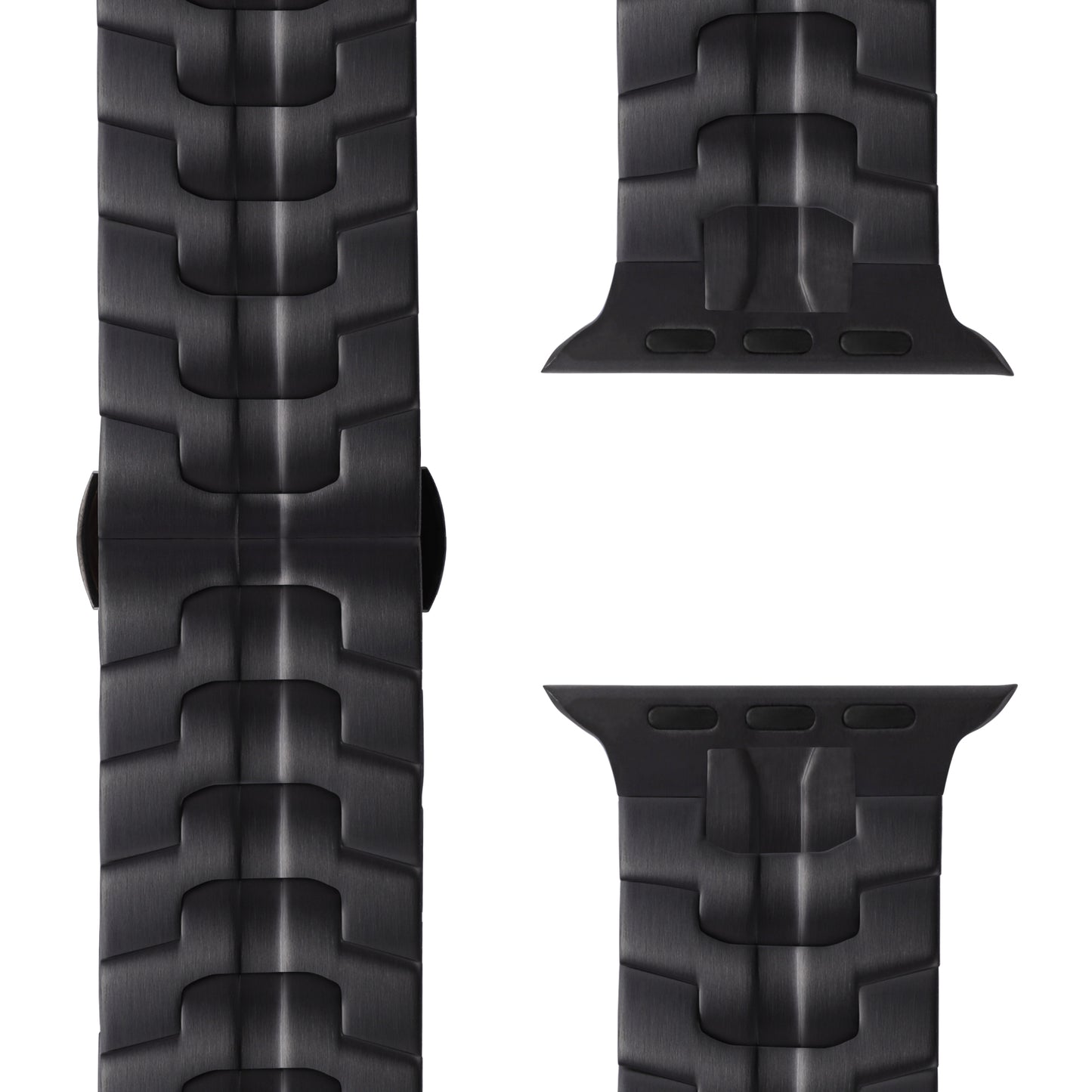 Nahaufnahme des arktisband Apple Watch Edelstahlarmbands "Momento" in Schwarz mit segmentiertem, eckigem Design und zwei Anschlussenden. Dieses elegante arktisband ist kompatibel mit der Apple Watch und eignet sich ideal als stilvolles Upgrade.
