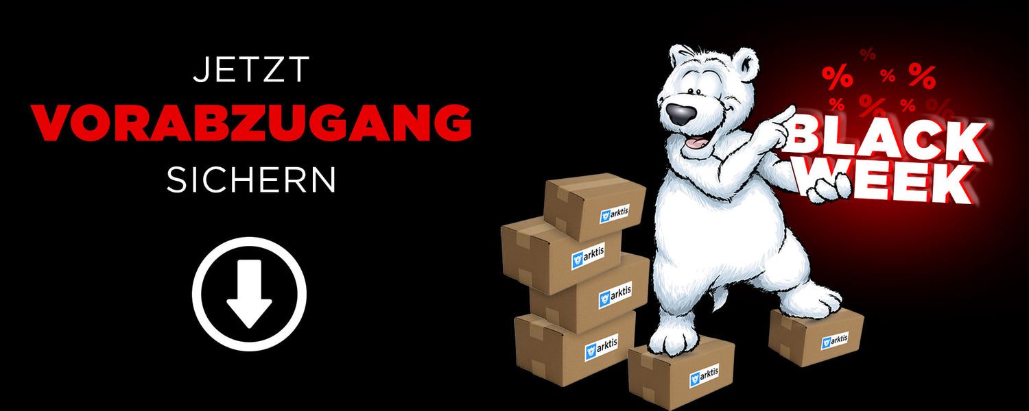 Cartoon-Eisbär mit Boxen, Verkaufstext „Black Week“ und „Jetzt Vorabzugang sichern“ auf schwarzem Hintergrund.