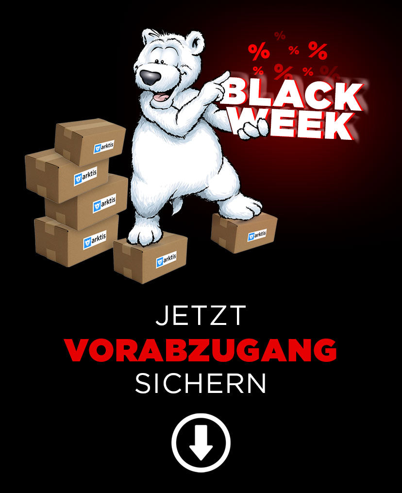Cartoon-Eisbär mit Kisten, Black Week-Verkaufstext und „Jetzt Vorabzugang sichern“ mit einem Abwärtspfeil.
