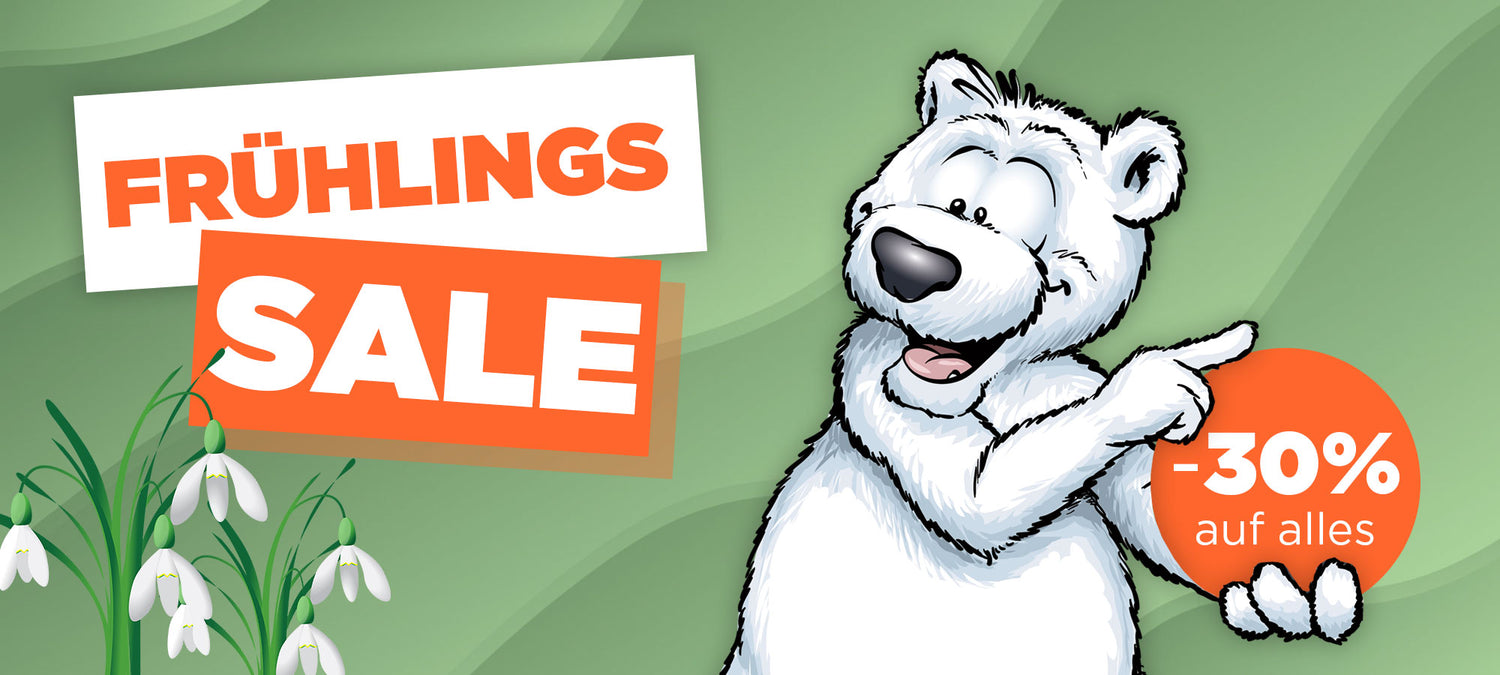 Ein Eisbär im Comic-Stil zeigt auf ein Schild mit der Aufschrift „-30 % auf alles“ für einen Frühlingsverkauf, in dessen Nähe Schneeglöckchen stehen.