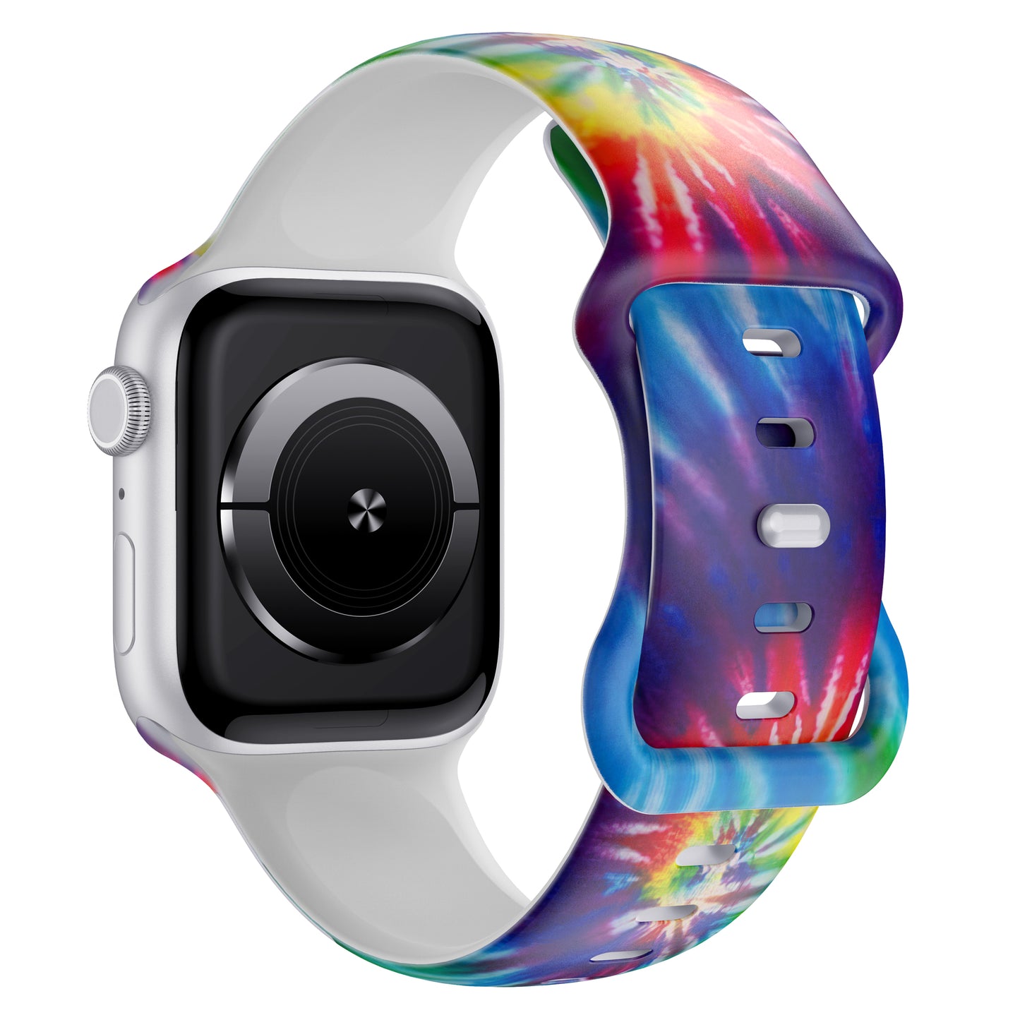 Die arktisband EDITION für Apple Watch von arktisband zeichnet sich durch ein farbenfrohes Batik-Silikonarmband und ein silbernes Gehäuse aus, das schräg gestellt ist - ideal für sportliche Aktivitäten.