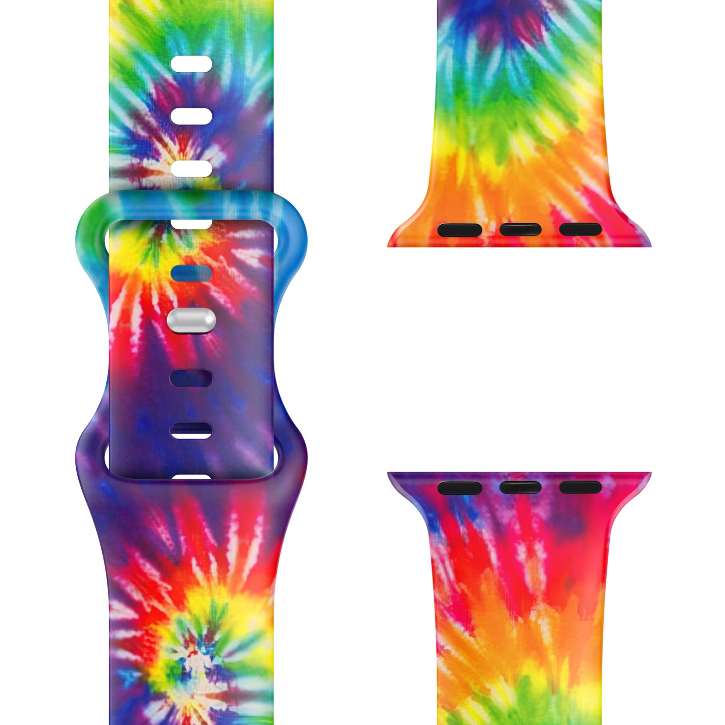 Die arktisband EDITION für Apple Watch von arktisband zeigt ein farbenfrohes Tie-Dye-Design in Regenbogenfarben, ideal für sportliche Aktivitäten, und wird aus verschiedenen Blickwinkeln auf weißem Hintergrund dargestellt.