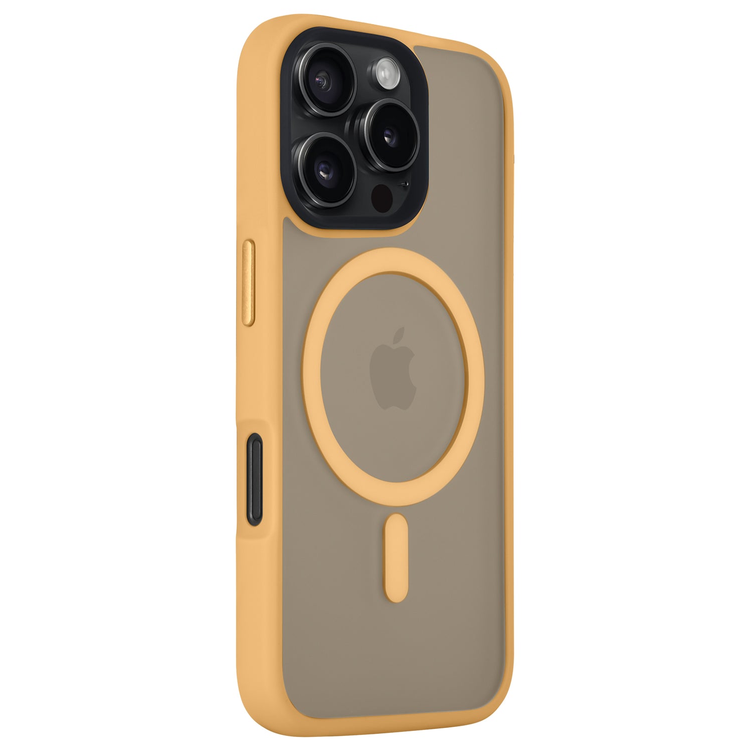 Ein iPhone 16 Pro Max im Arktis iPhone 16 Pro Max Solid Case von Arktis, einer gelb-grauen MagSafe-kompatiblen Hülle mit Apple-Logo, minimalistischer matter Optik und stoßdämpfendem TPU-Silikon, von der Rückseite abgebildet.