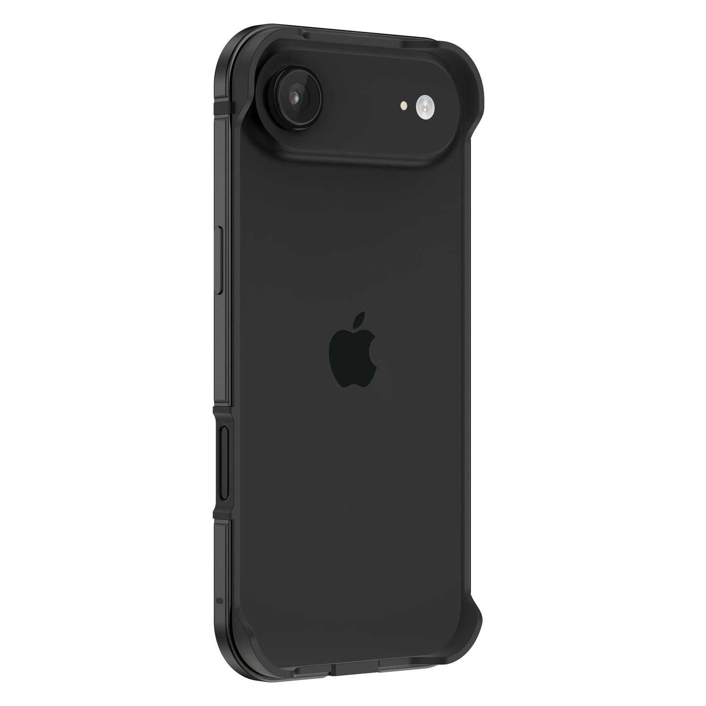 Der arktis iPhone Air Bumper von arktis schützt Ihr schwarzes iPhone mit einer ultraleichten Aluminium-TPU-Hülle, die die Rückkamera und das Apple-Logo hervorhebt.