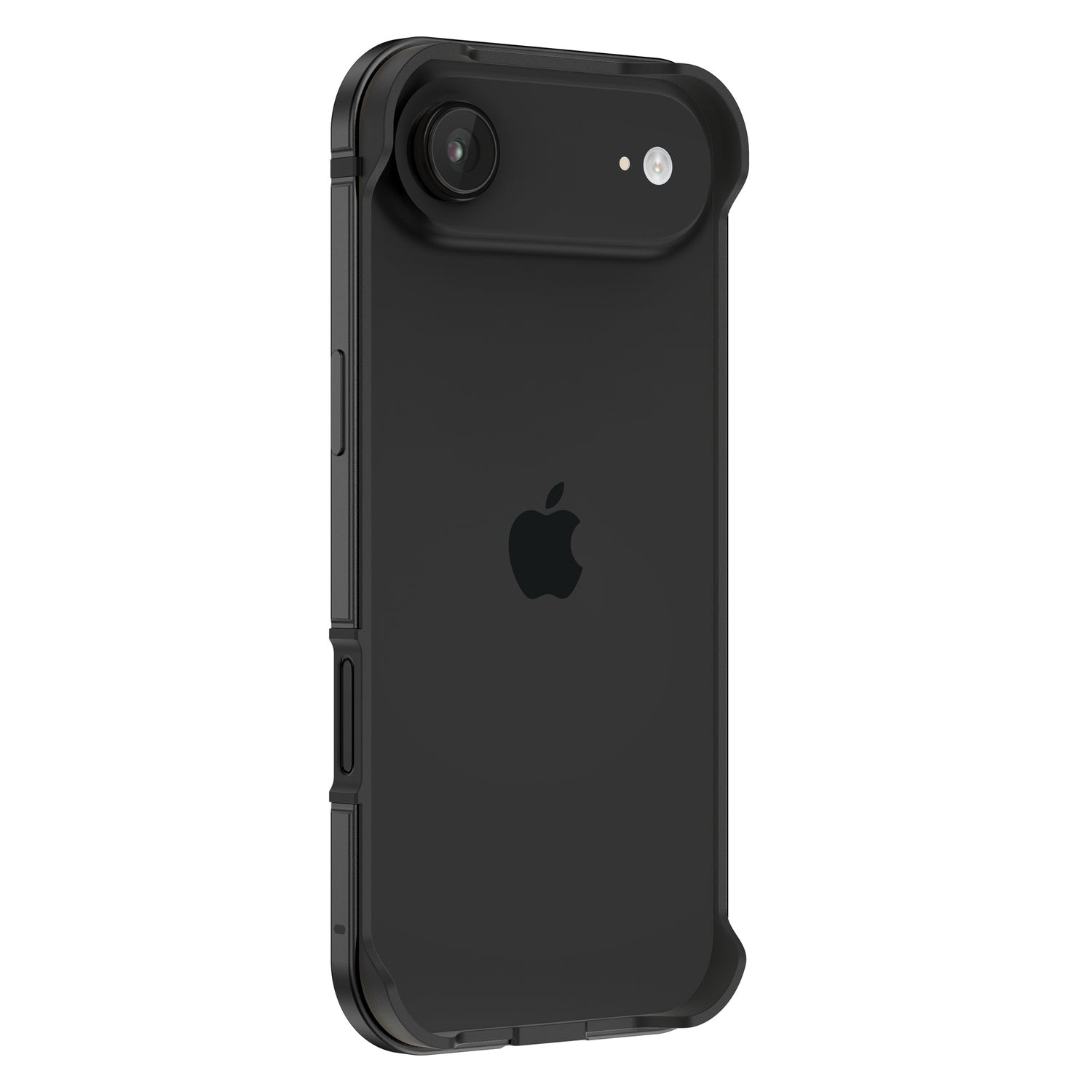Der arktis iPhone Air Bumper von arktis schützt Ihr schwarzes iPhone mit einer ultraleichten Aluminium-TPU-Hülle, die die Rückkamera und das Apple-Logo hervorhebt.