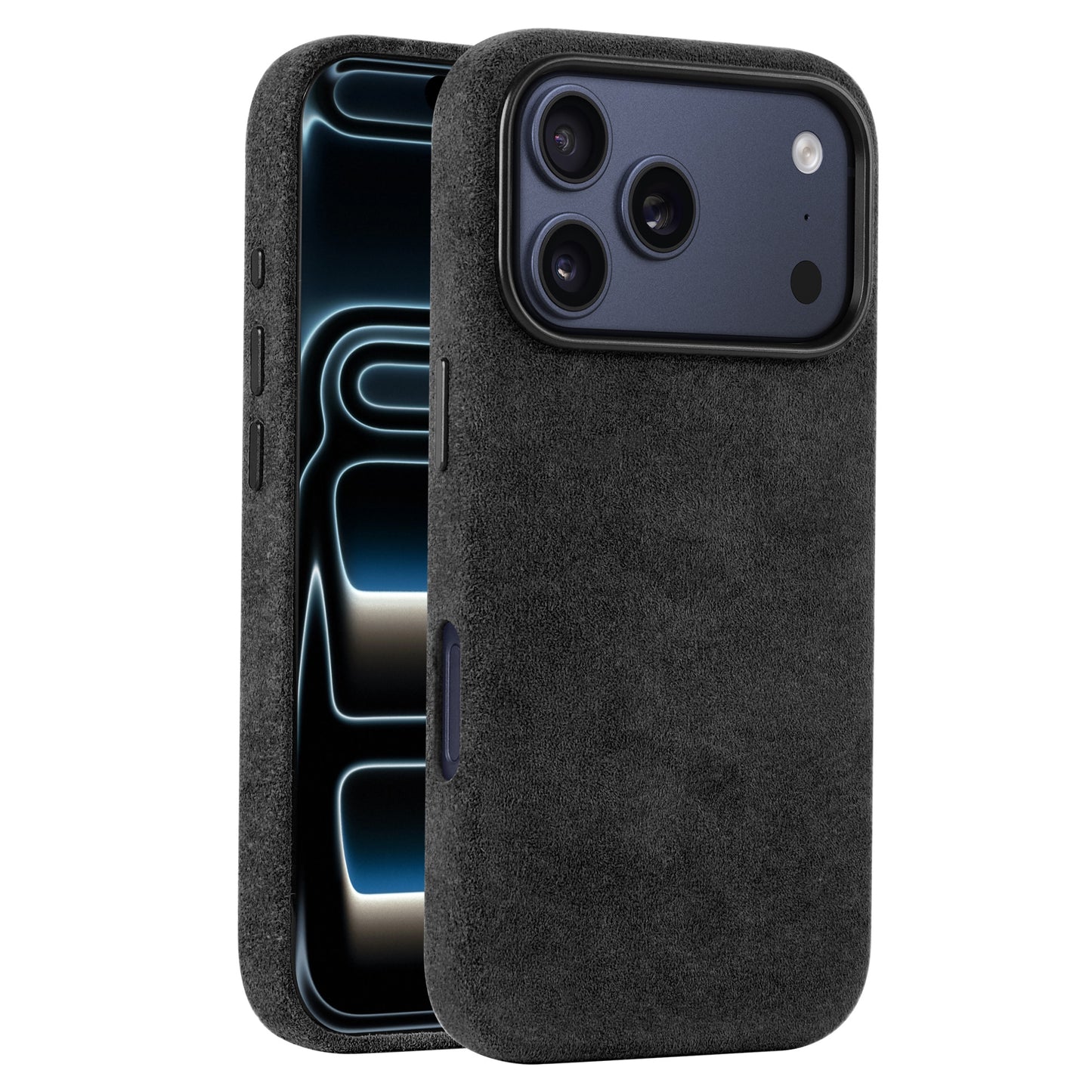 Zwei iPhones in arktis iPhone 17 Pro Hülle aus Alcantara von arktis - eines zeigt das Display, das andere die Triple-Kamera. Schlank, stilvoll und MagSafe-kompatibel.