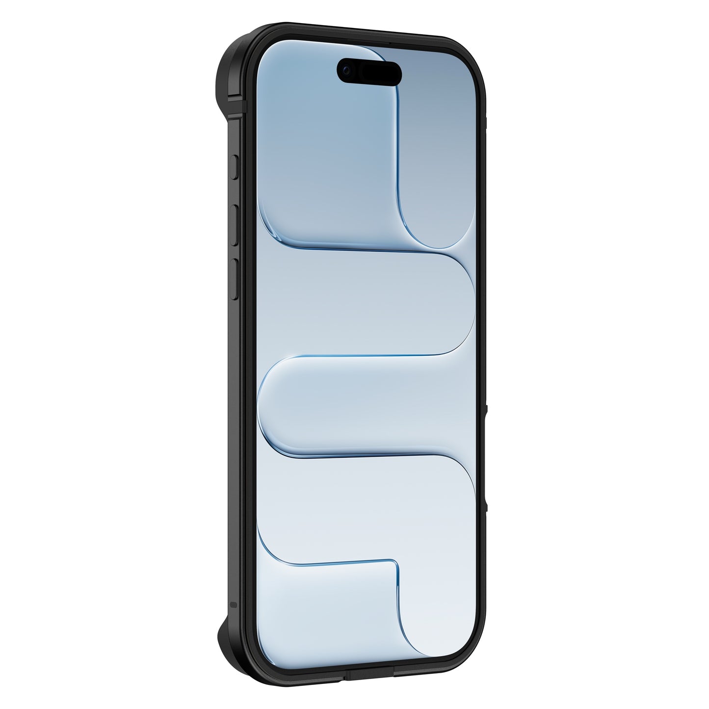 Ein schwarzes iPhone mit blauem, abstraktem Bildschirmmuster wird aus einer leicht angewinkelten Vorderansicht gezeigt, geschützt durch den arktis iPhone Air Bumper von arktis.