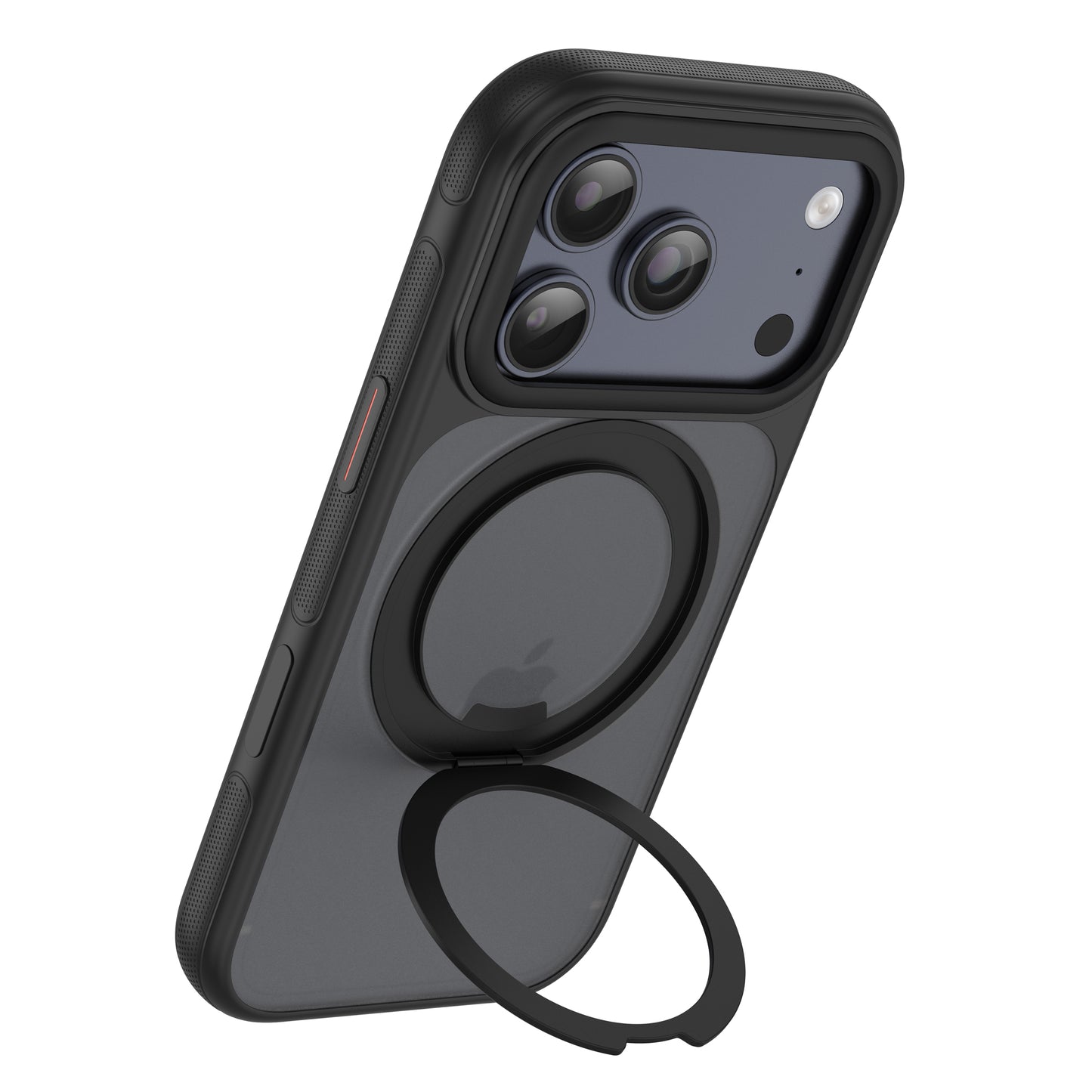 Das arktis iPhone 17 Pro Max GripCase ist ein schwarzes Etui von arktis mit einem kreisförmigen, ausklappbaren Ringständer auf der Rückseite für zusätzlichen Komfort.