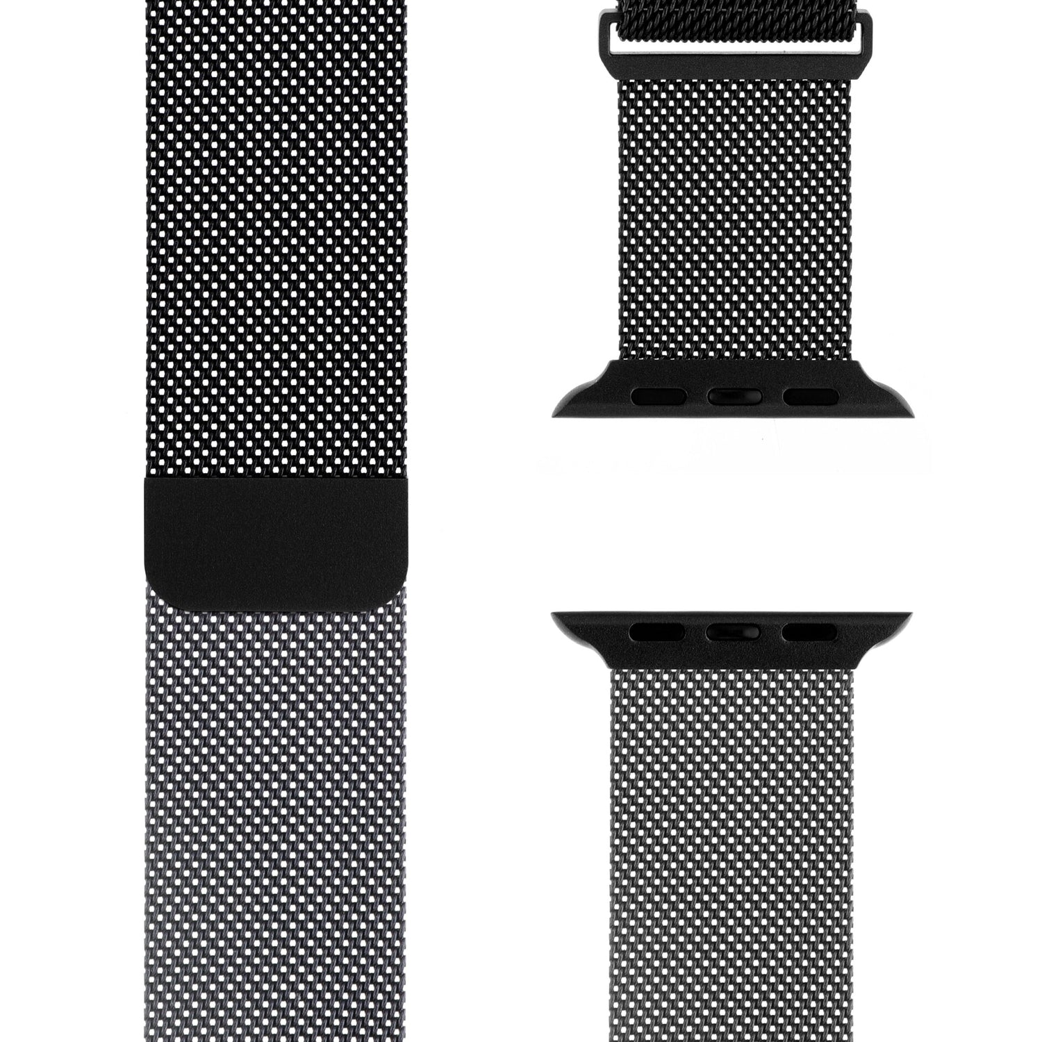 Nahaufnahme des Arktisband Apple Watch Milanaise Loop Armbands aus schwarz-weiß gewebtem Nylon mit Magnetverschluss und zwei Anschlüssen, aus verschiedenen Winkeln vor weißem Hintergrund gezeigt.