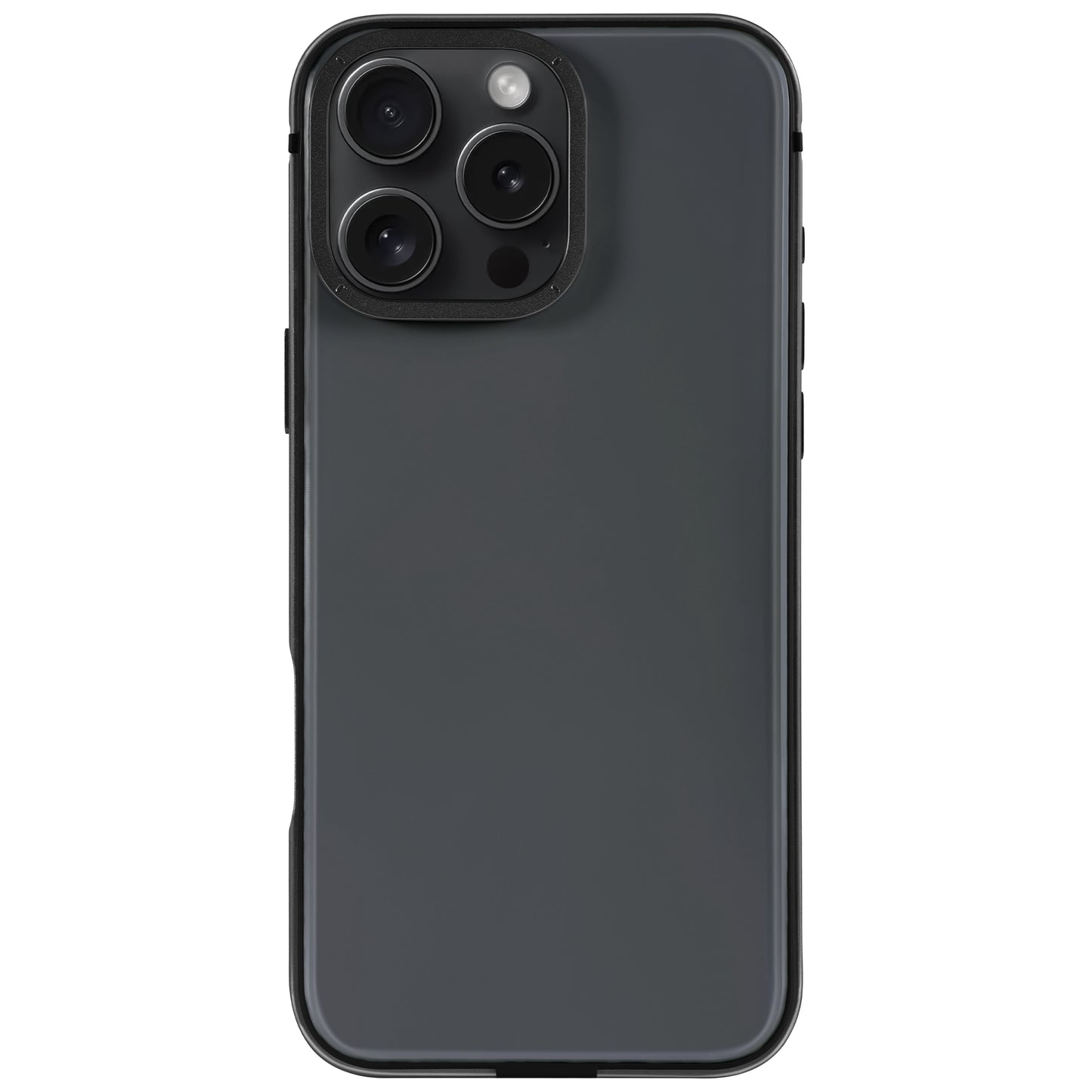 Das arktis iPhone 16 Pro Case Avantgarde von arktis verfügt über ein mattschwarzes Finish, eine Anti-Fingerabdruck-Rückplatte und passt für ein iPhone mit drei Rückkameras und einem Aluminiumrahmen, wie von der Rückseite gezeigt.