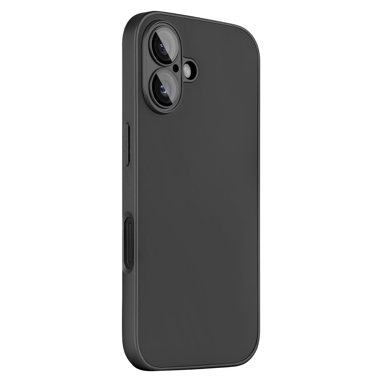Das arktis iPhone 16 Plus Tech Case von arktis ist in Schwarz abgebildet und zeigt seine zwei Rückkameras mit Kameraschutz und einer Seitentaste, die von der Rückseite aus in einem leichten Winkel angezeigt werden.