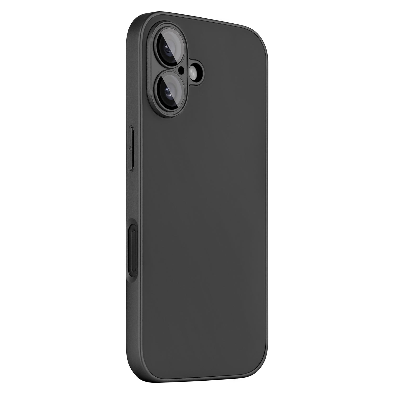 Das arktis iPhone 16 Plus Tech Case von arktis ist in Schwarz abgebildet und zeigt seine zwei Rückkameras mit Kameraschutz und einer Seitentaste, die von der Rückseite aus in einem leichten Winkel angezeigt werden.