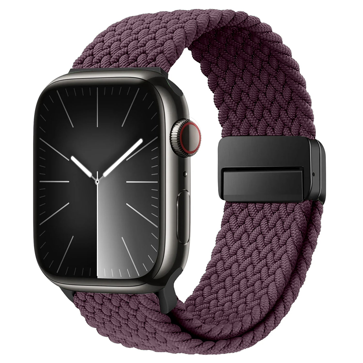Das arktisband Geflochtene Apple Watch Armband „Casual“ mit Magnetverschluss in Dunkelviolett verleiht Ihrer Apple Watch Stil, gepaart mit einem minimalistischen schwarzen Zifferblatt, das die Uhrzeit anzeigt.