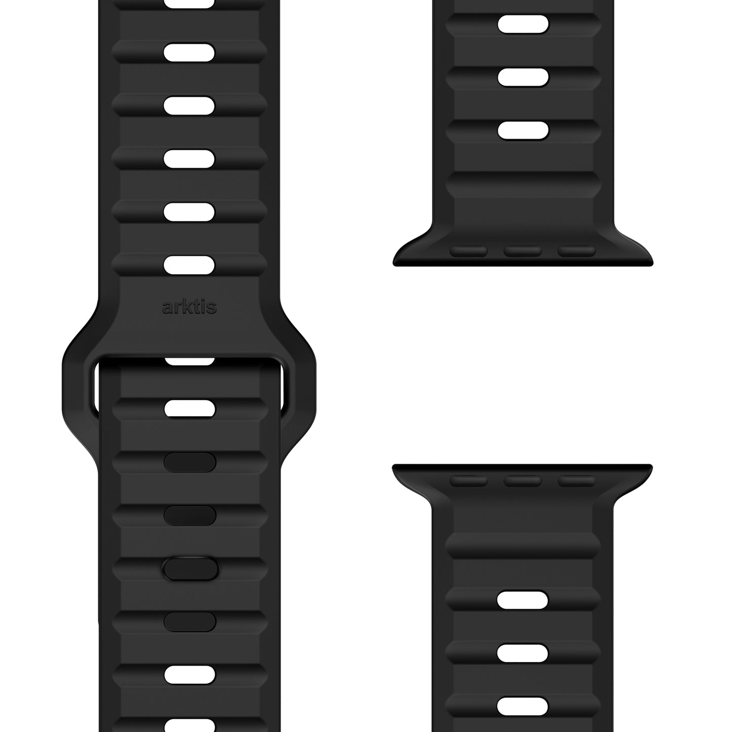 Auf weißem Hintergrund sind drei Arktisband Apple Watch Silikonarmband „Active“ abgebildet, die ein atmungsaktives Design mit gerippten Segmenten, rechteckigen Einstelllöchern und Anschlüssen zur Befestigung an Ihrer Apple Watch aufweisen.