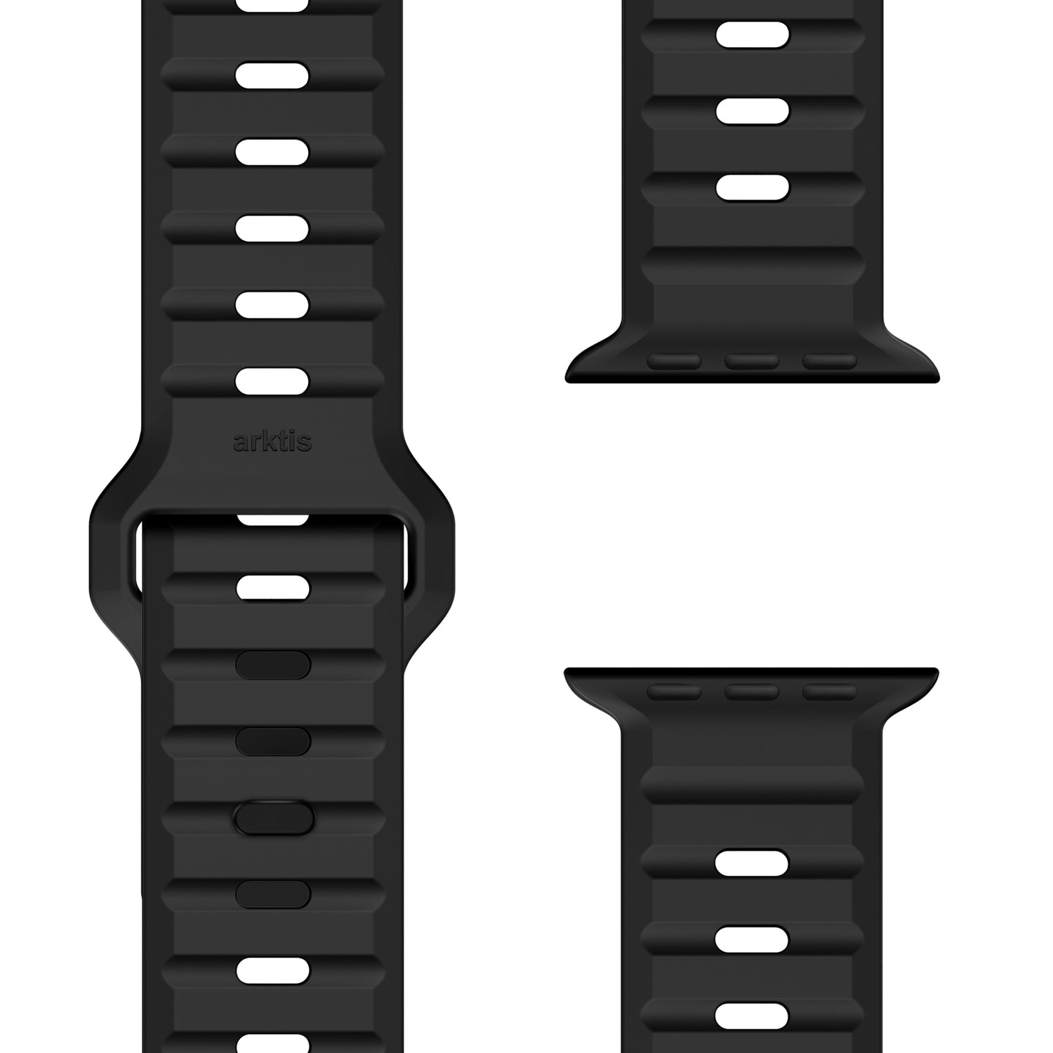 Auf weißem Hintergrund sind drei Arktisband Apple Watch Silikonarmband „Active“ abgebildet, die ein atmungsaktives Design mit gerippten Segmenten, rechteckigen Einstelllöchern und Anschlüssen zur Befestigung an Ihrer Apple Watch aufweisen.