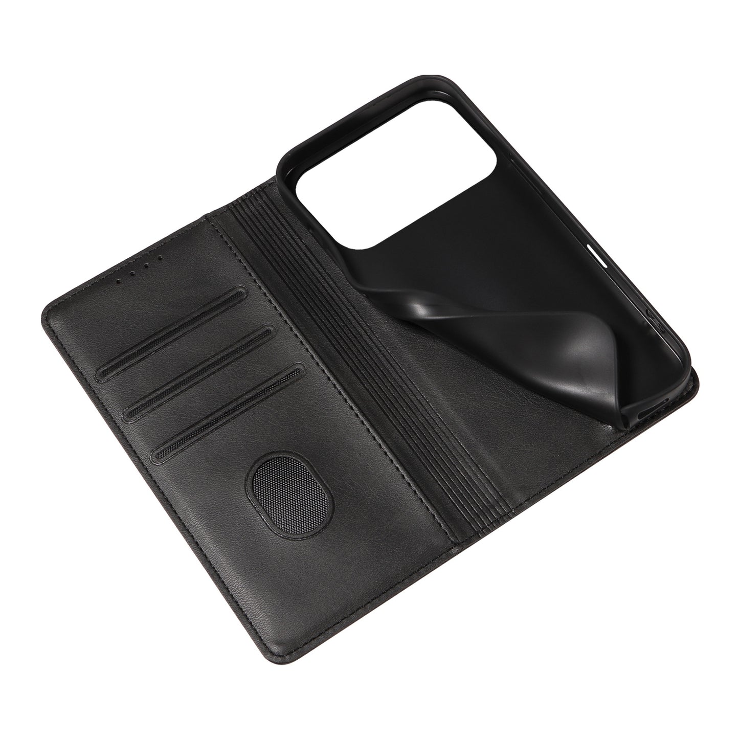 Offenes schwarzes arktis iPhone 17 Pro Max Book Case mit Kartenschlitzen und einem flexiblen TPU-Silikonhalter auf der rechten Seite.