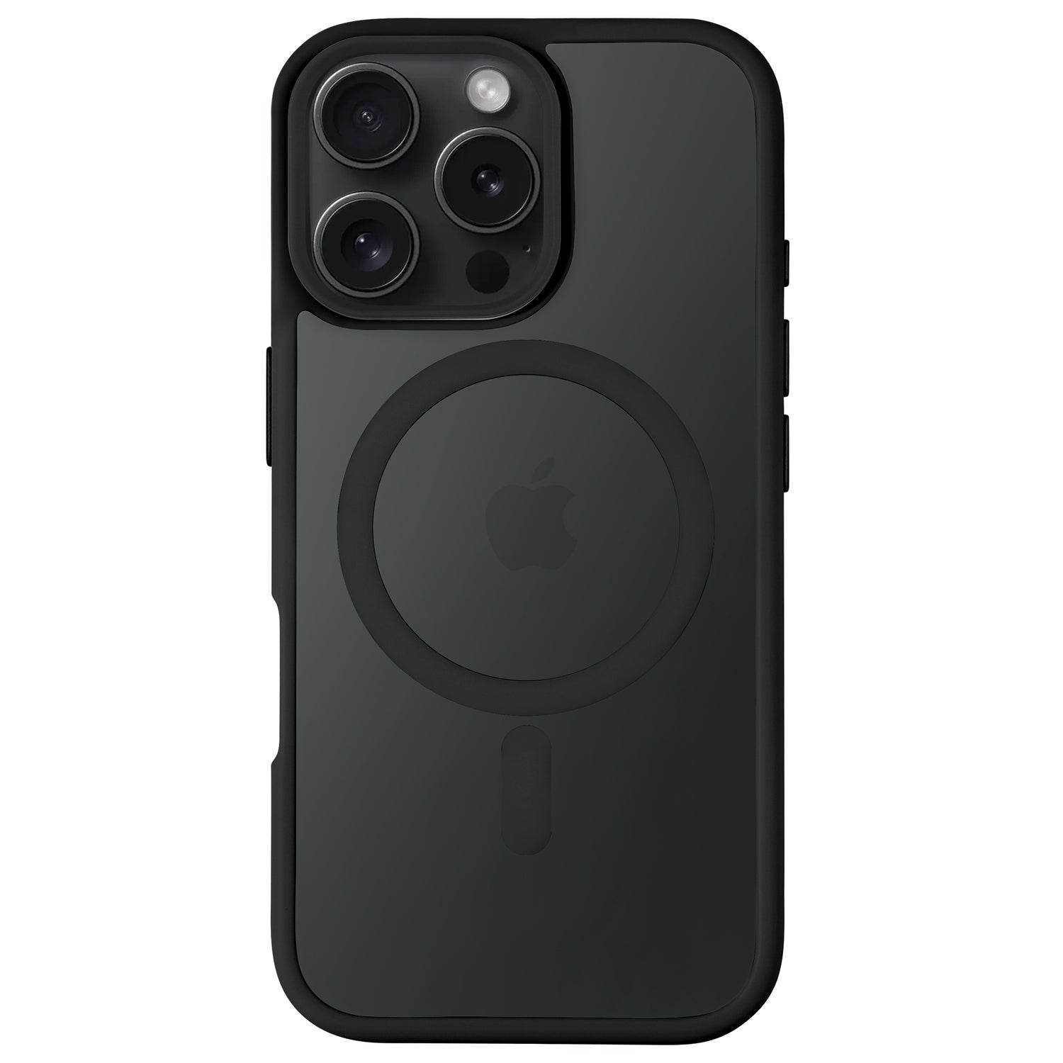 Das arktis iPhone 16 Pro Max Solid Case von Arktis verfügt über ein minimalistisches mattschwarzes Design aus stoßdämpfendem TPU-Silikon und zeigt das Apple-Logo und die Kameralinsen auf weißem Hintergrund.