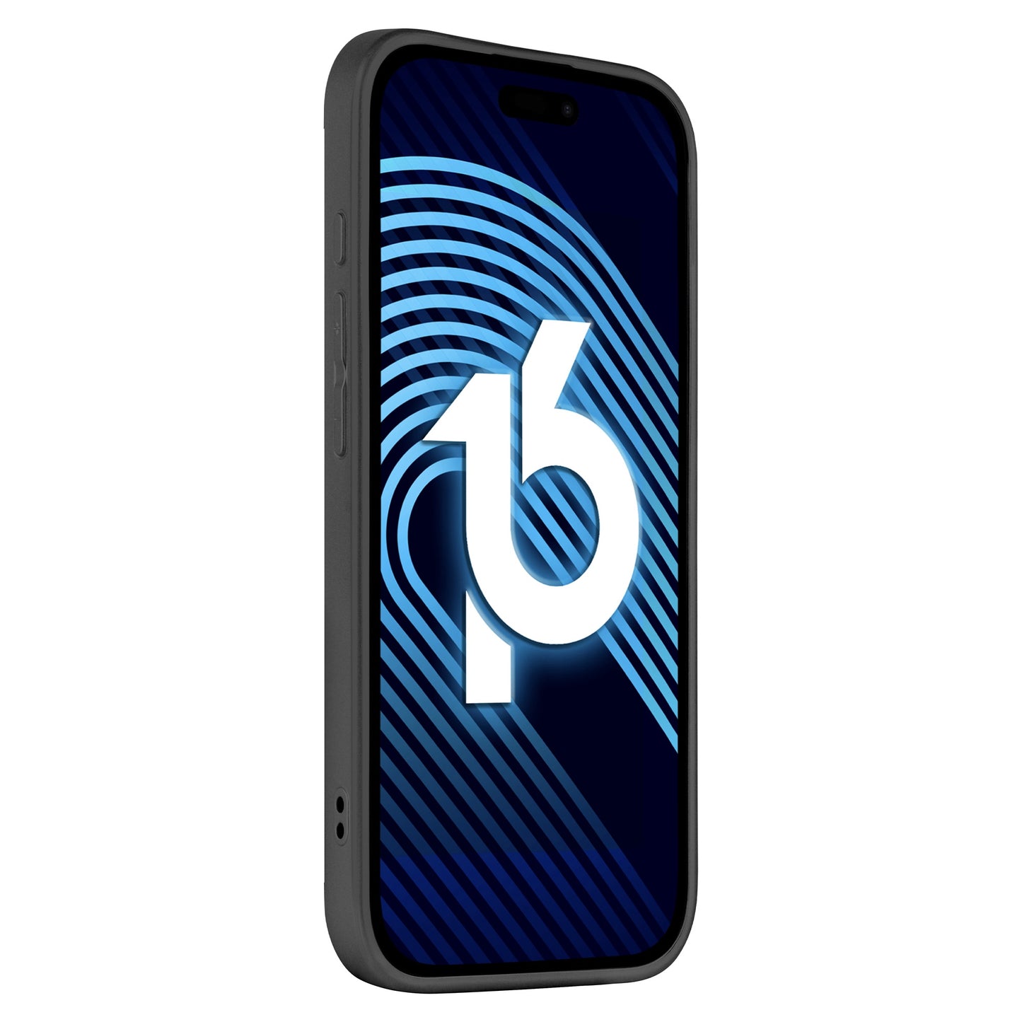 Ein schwarzes Smartphone im arktis iPhone 16 Pro Tech Case aus stoßabsorbierendem TPU-Silikon, seitlich dargestellt. Auf dem Display sind dunkel- und hellblaue Streifen mit der weißen Zahl 16 auf weißem Hintergrund zu sehen.