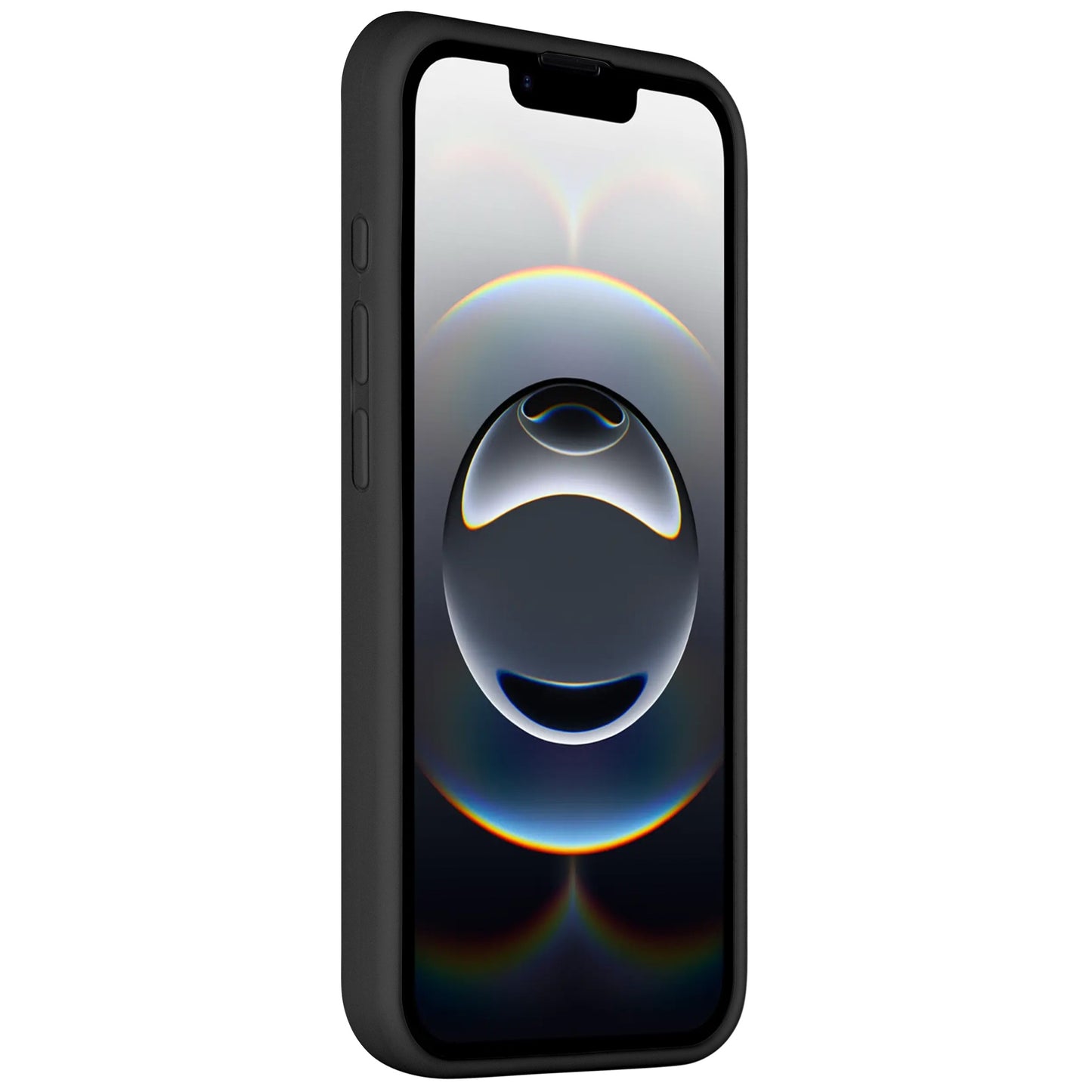 Das Arktis iPhone 16e Silikon Case in Schwarz ist schräg abgebildet und zeigt das Frontdisplay mit einem blasenartigen, abstrakten Design. Die seitlichen Tasten sind sichtbar und das Case unterstützt kabelloses Laden.