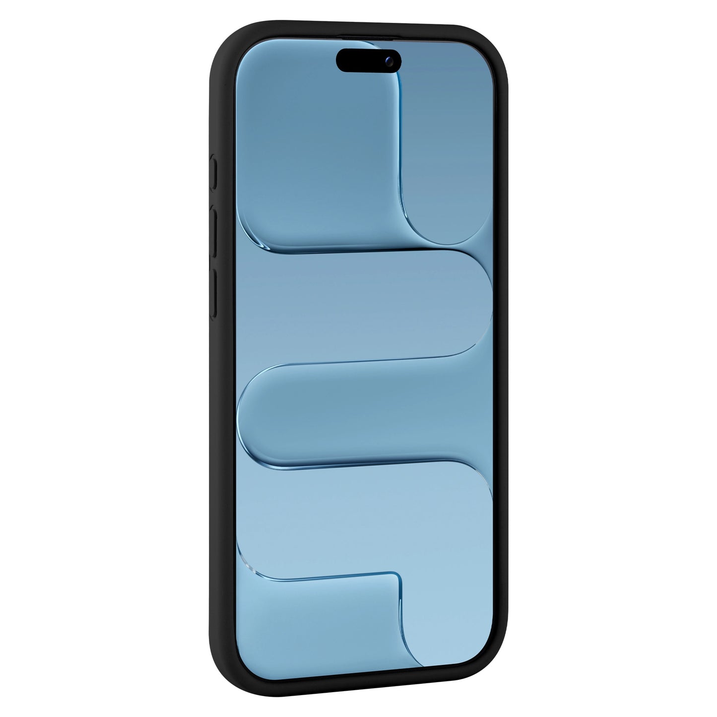 Eine arktis iPhone Air Silikonhülle in Schwarz von arktis, abgebildet auf einem Smartphone mit blauem, abstraktem, geometrischem Hintergrundbild und kompatibel mit kabellosem Laden.