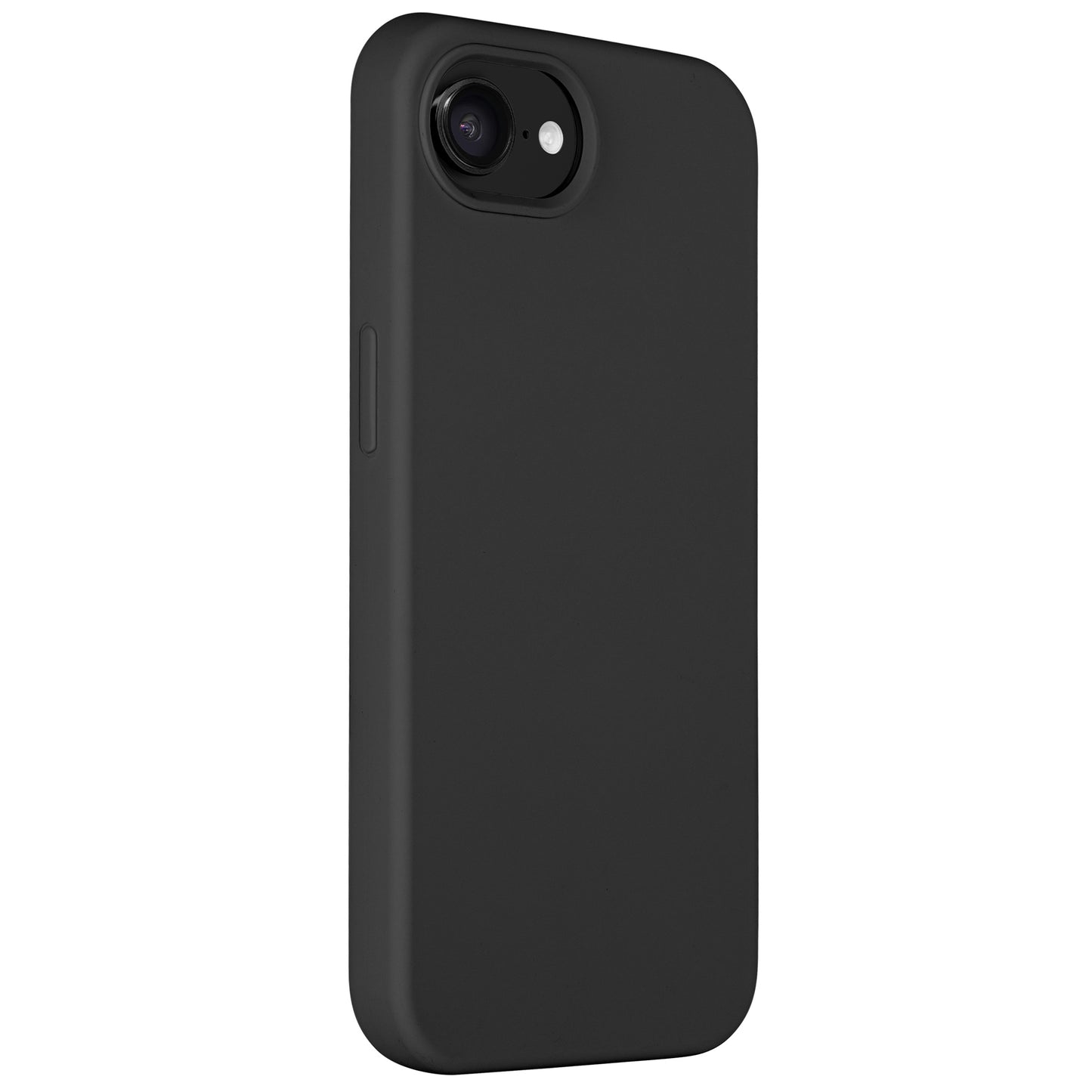Die Arktis iPhone 16e Silikonhülle von Arktis ist auf einem Telefon abgebildet. Diese schwarze Hülle zeichnet sich durch ein schlankes, mattes Design aus, das die Rückseite und die Seiten bedeckt und präzise Öffnungen für die Kamera und die Seitentasten aufweist.
