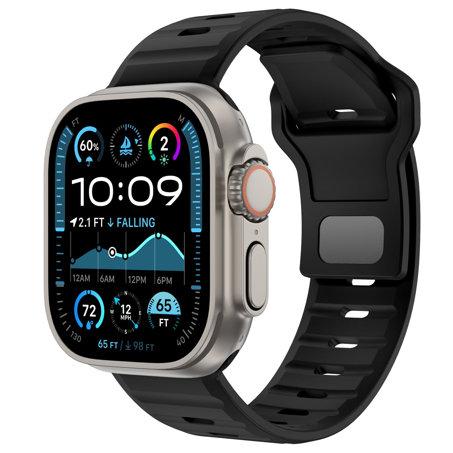 Das arktisband Apple Watch Silikonarmband „Active“ von arktisband verfügt über ein schwarzes Silikonarmband, ein rechteckiges Zifferblatt mit abgerundeten Kanten und seitlichen Tasten und zeigt Uhrzeit, Datum, Wetter, Gesundheitsstatistiken und Aktivitätsdaten in Farbe an.