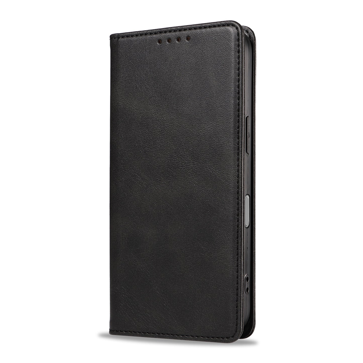 Die arktis iPhone 17 Pro Book Case Schutzhülle aus schwarzem Kunstleder von arktis steht geschlossen und mit integrierten Magneten aufrecht auf weißem Hintergrund.