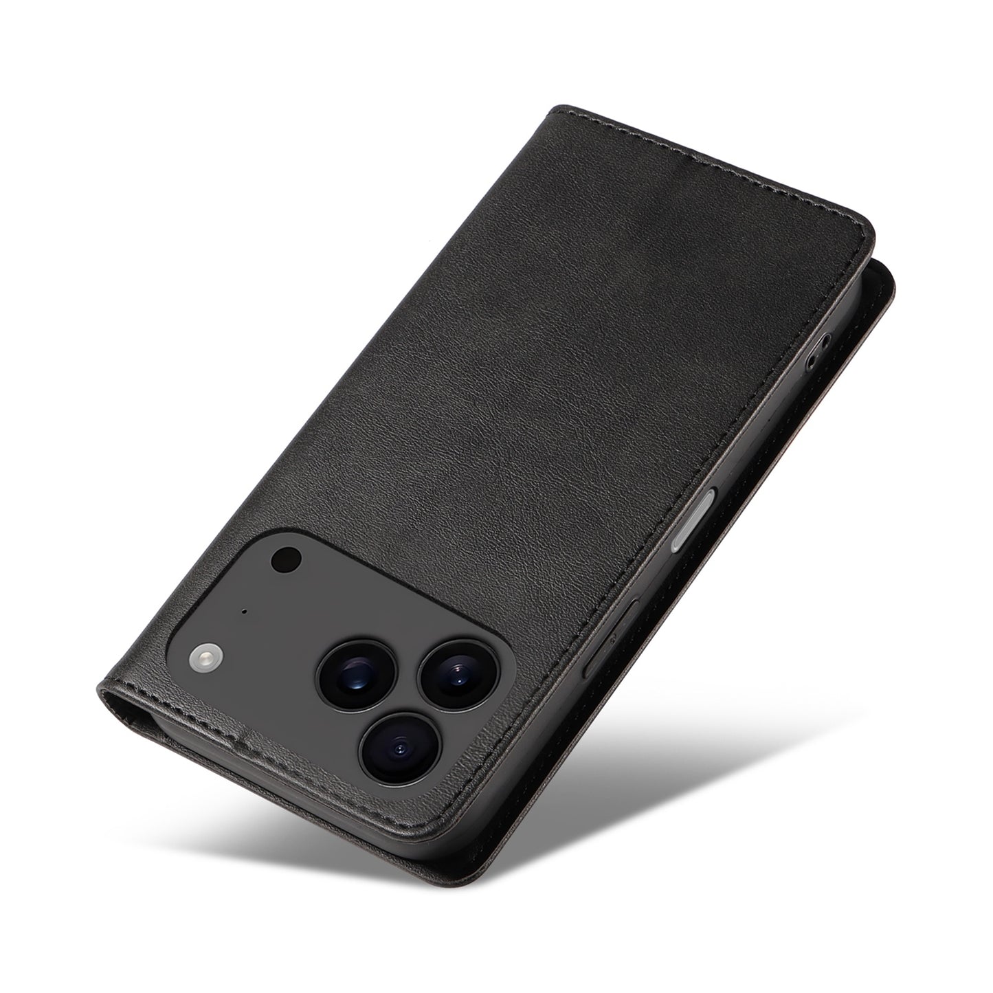 Das arktis iPhone 17 Pro Book Case von arktis ist ein schwarzes Kunstleder-Flip-Cover, teilweise geöffnet, um die Kameralinsen und die seitlichen Tasten zu zeigen, mit einem sicheren TPU-Silikonrand.