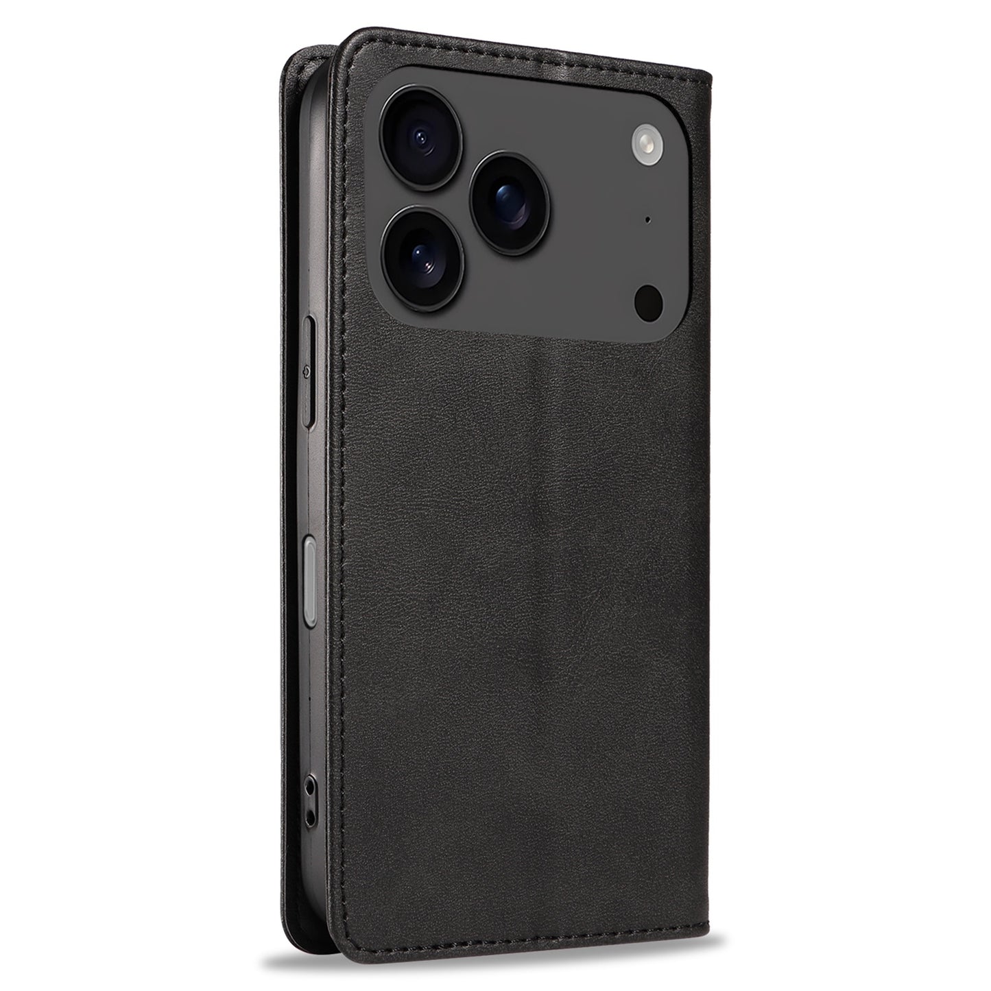 Das arktis iPhone 17 Pro Book Case schützt Ihr Gerät auf elegante Weise und präsentiert ein schwarzes Smartphone mit Dreifach-Kamera-Setup in einem stilvollen arktis Kunstleder-Flipcover, das aufrecht steht.