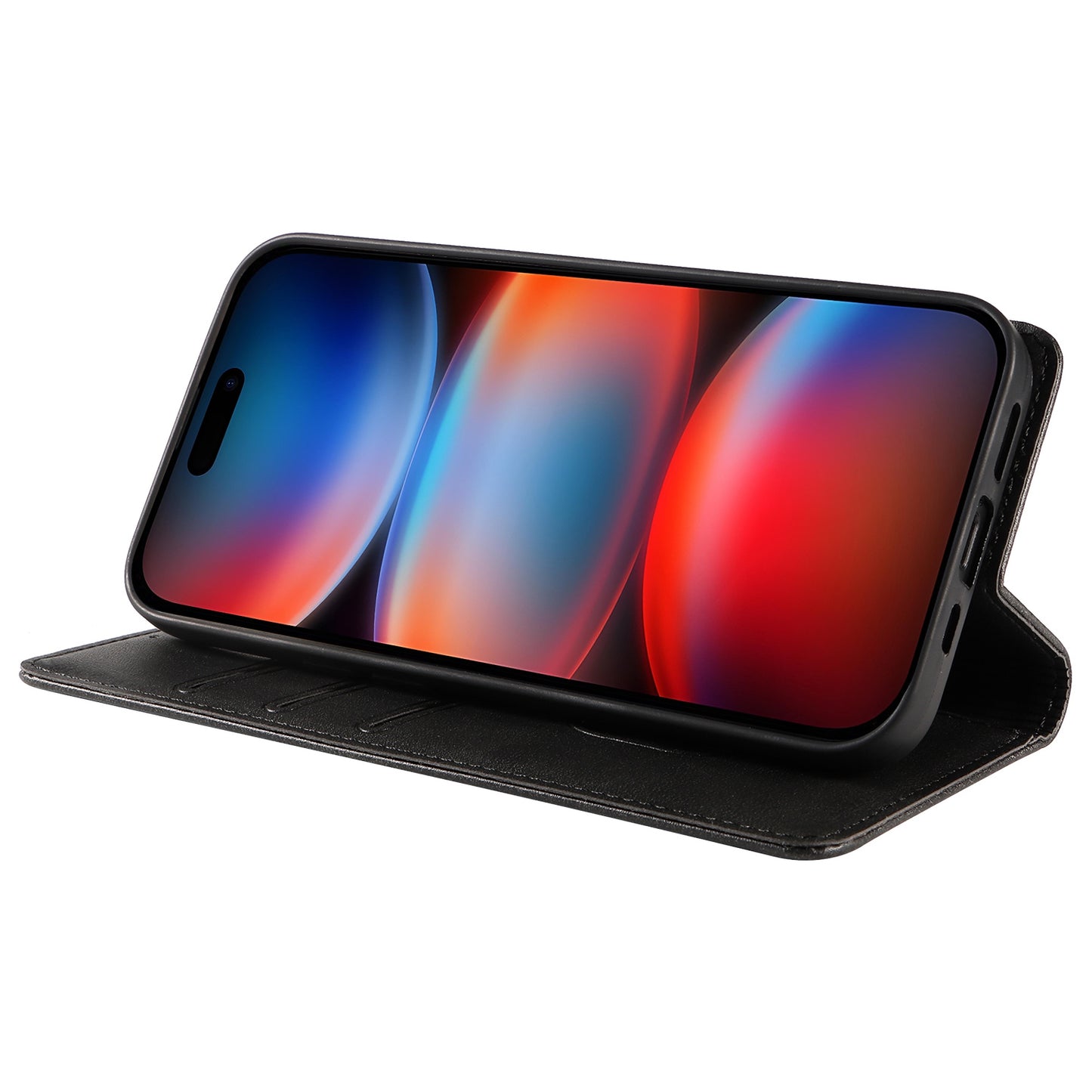 Das arktis iPhone 17 Pro Book Case von arktis aus TPU-Silikon und Kunstleder stützt das Telefon im Querformat und präsentiert ein brillantes Display.