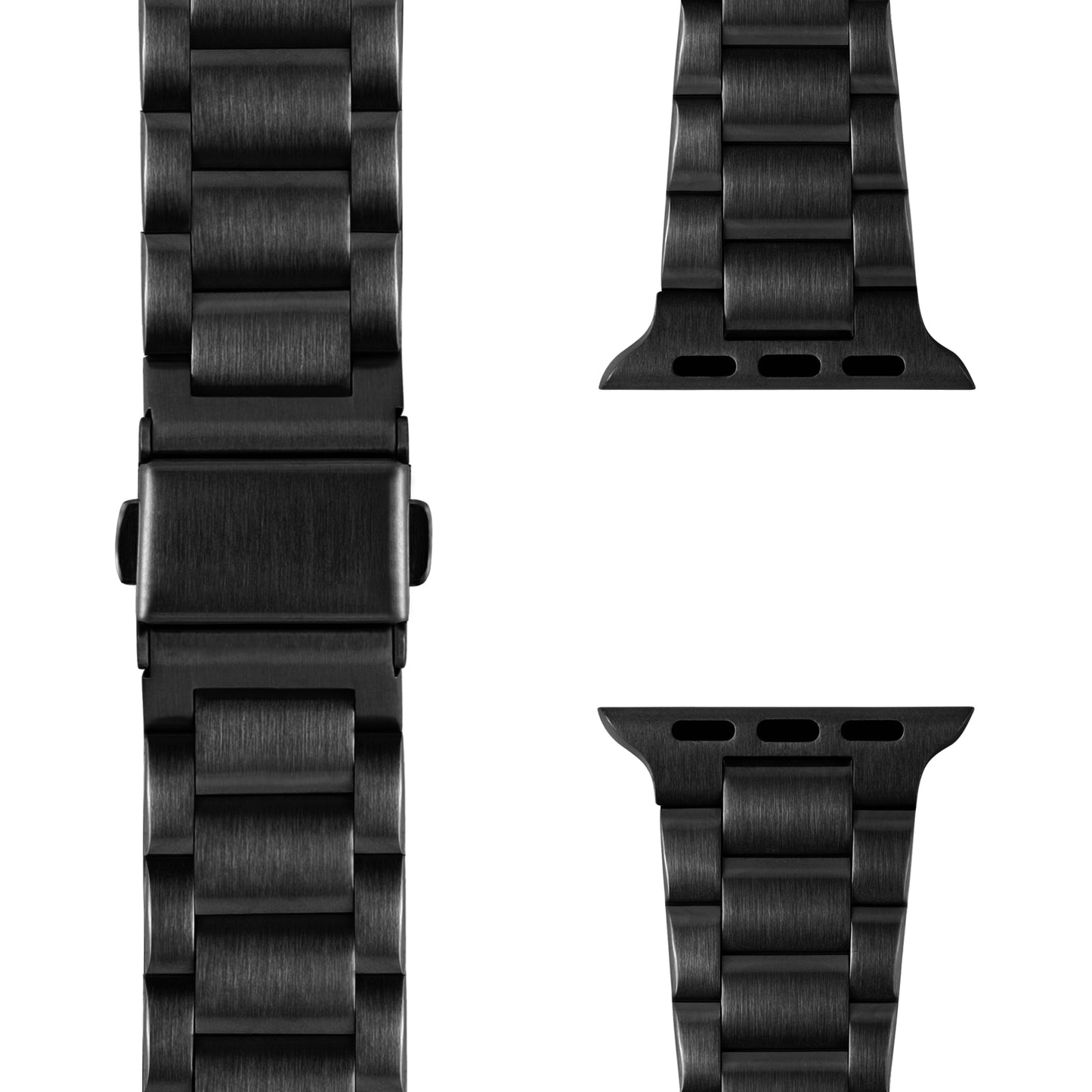 Nahaufnahme des arktisband Apple Watch Edelstahl Gliederarmbands „Edition S“ von arktisband: ein schwarzes Edelstahlarmband mit Mittelverschluss und Endverbindern, das sein minimalistisches Design auf weißem Hintergrund zur Schau stellt.