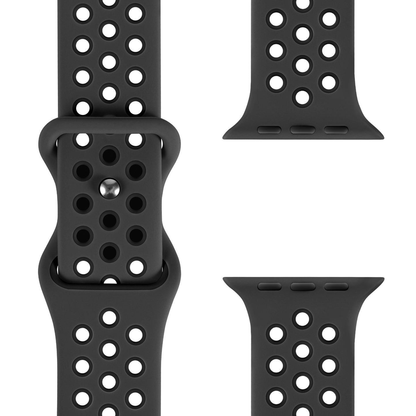 Das arktisband Apple Watch Silikonarmband „Energy“ von arktisband wird mit runden Belüftungslöchern aus mehreren Perspektiven gezeigt: einmal die Schließe, zweimal die Enden mit Connector-Slots.
