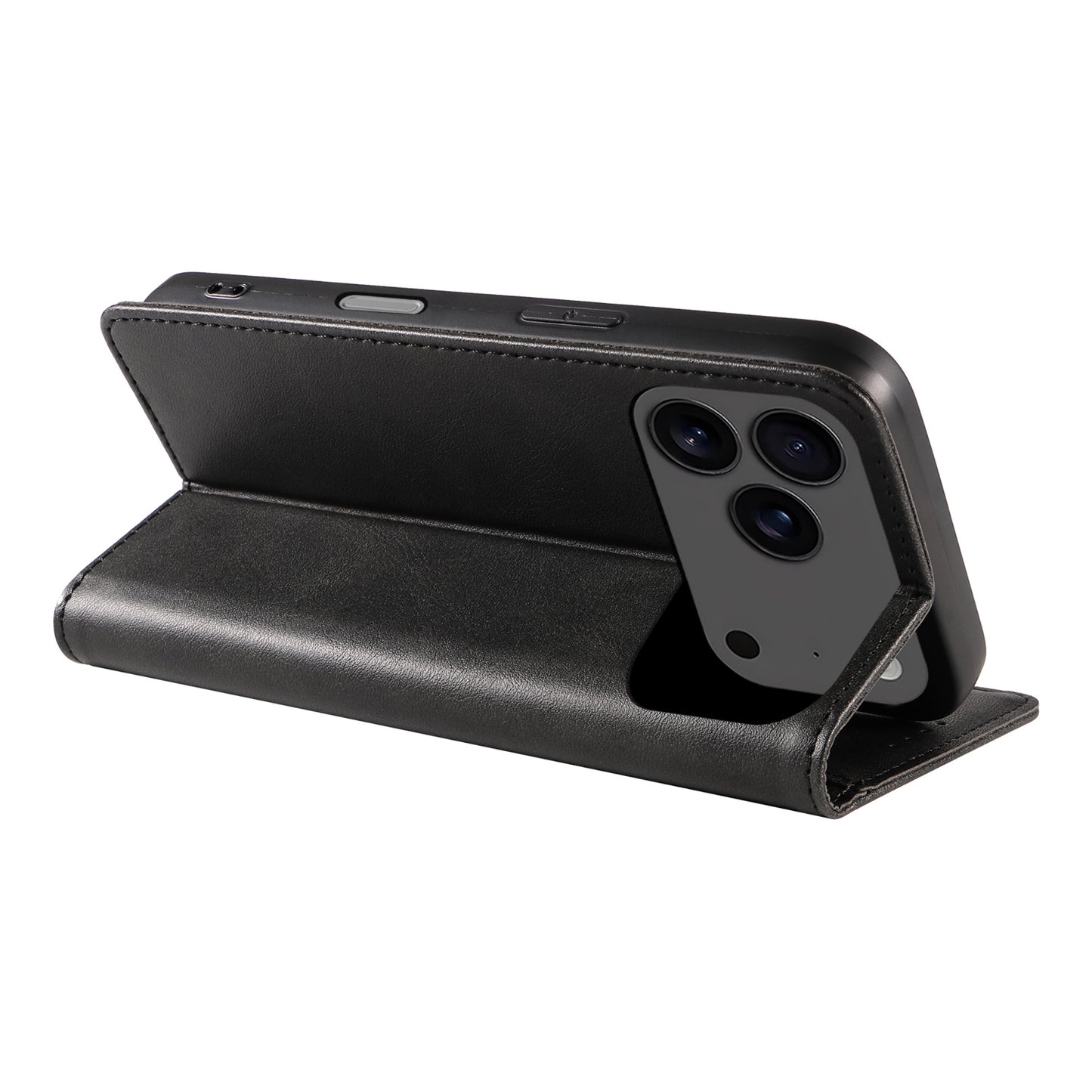 Arktis iPhone 17 Pro Book Case aus Kunstleder, schwarz, mit integrierten Magneten und Standfunktion für die horizontale Ausrichtung.