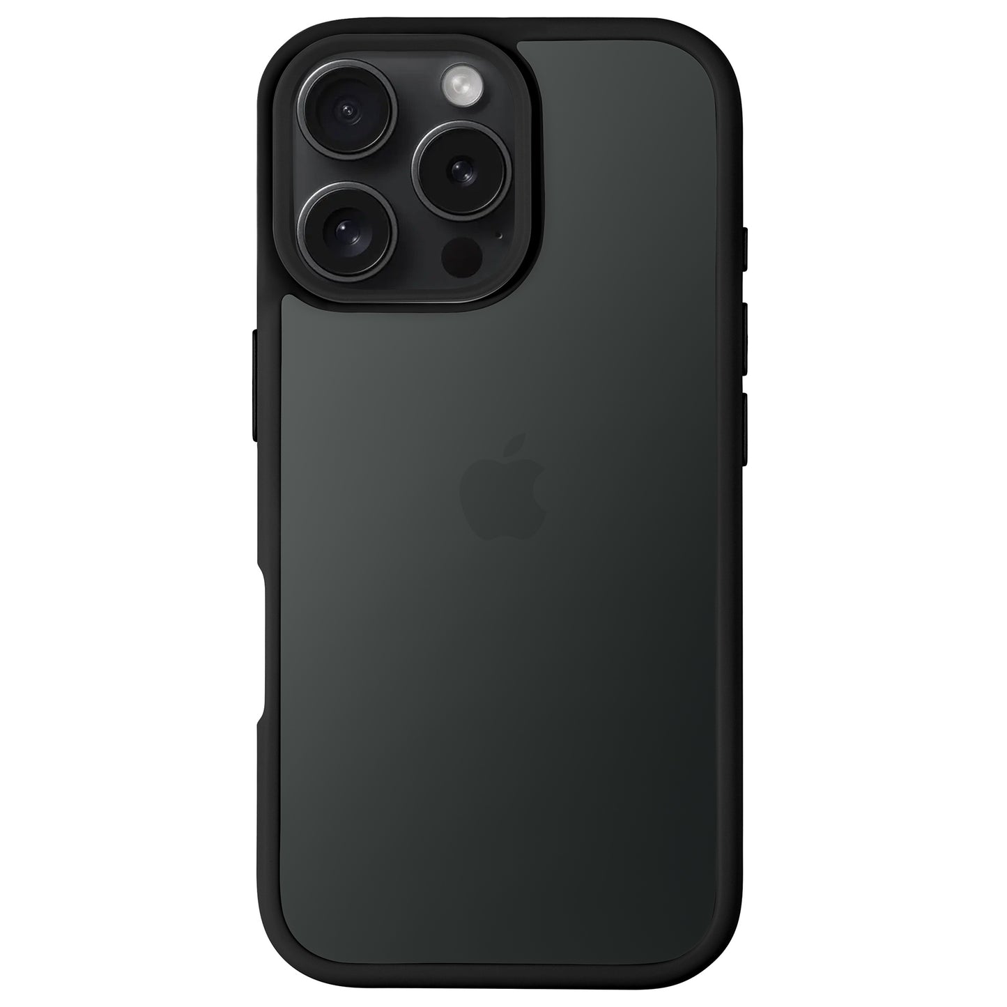 Ein schwarzes iPhone mit drei rückwärtigen Kameras und Apple-Logo wird in einem Arktis arktis iPhone Air Solid Case mit mattem, stoßabsorbierendem Design auf weißem Hintergrund präsentiert.