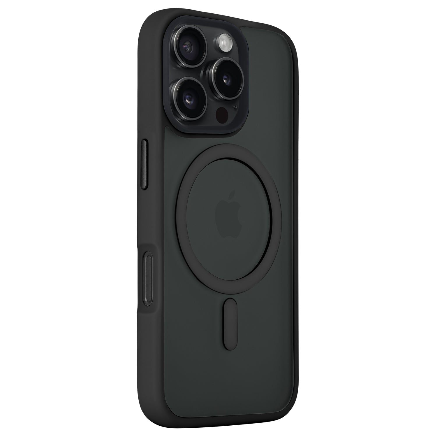 Das Arktis iPhone 16 Pro Max Solid Case von Arktis verfügt über einen MagSafe-Ring, eine Kameraaussparung, eine minimalistische, matte Optik und stoßdämpfendes TPU-Silikon für zusätzlichen Schutz. Hier in Schwarz auf einem iPhone 16 Pro Max abgebildet.