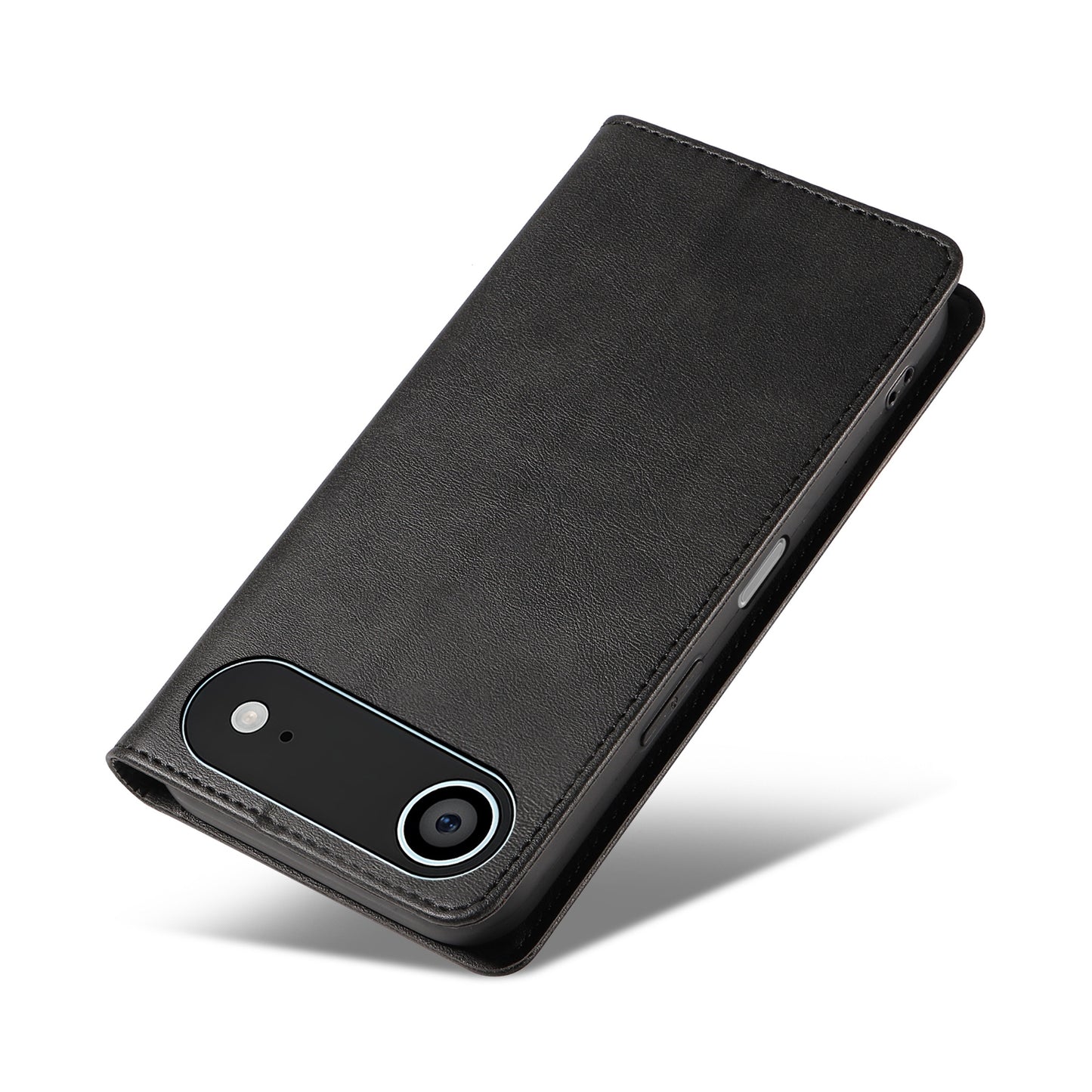 Das arktis iPhone 17 Air Book Case ist ein elegantes Kunstleder-Flipcase mit TPU-Schale, das die Kamera sichtbar und angewinkelt auf weißem Hintergrund zeigt - der perfekte Schutz für Ihr iPhone 17 Air von arktis.