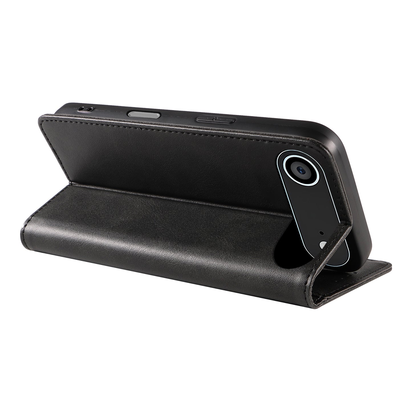 Ein schwarzes Smartphone in einem arktis iPhone 17 Air Book Case von arktis, horizontal aufgestützt.